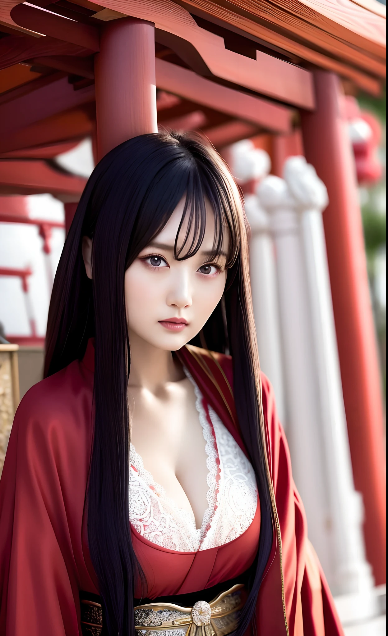 A MILF、A dark-haired、floting hair、Delicat eyes、red pupils、cleavage of the breast、thighs thighs thighs thighs、White panty、Fushimi Inari、Red torii gate、natta、Moon Night、a moon、heroine、black and red antique damask Hanfu、FOV、F1.8、masterpiece、complex scenes、Gorgeous portrait shots