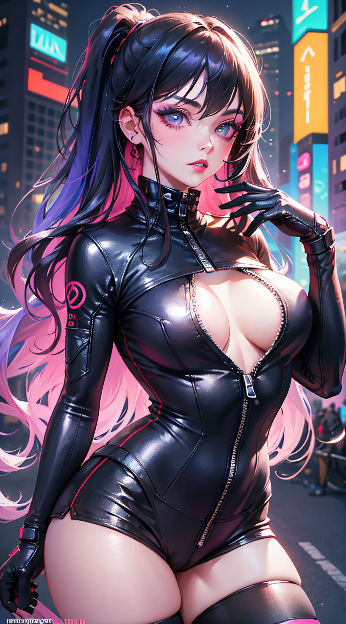 A girl, long hair, half picture, city, future, cyberpunk, science fiction, black silk, shorts, night scene, midnight, blue light, neon, night, delicate features, beautiful girl, beauty, charming,fashi-girl,red lips,realistic,makeup, sexy pose, deep cleavage, cameltoe, abbs, toned, jumper unzipped in front