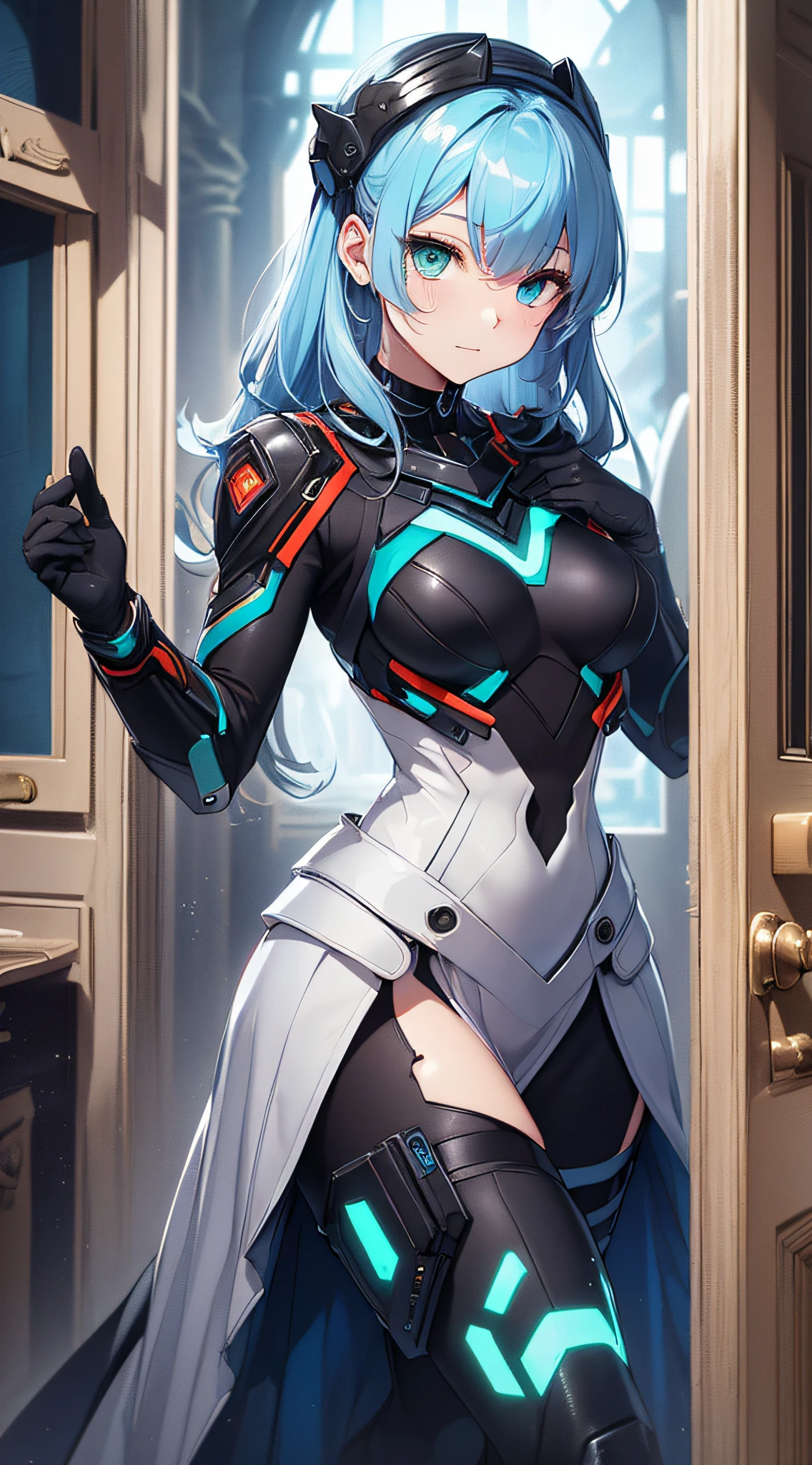 age Girls in Anime, Blue and grey metal armor, Blue hand and thigh accessories, Short dark blue-gray hair, hair accessory, Grey Eyes, Silver earrings, nose, Curious, Healthy Skin, Very dirty, head, shoulder, Small box, arms, Have a map, Narrow waist, feet, Medium thighs, Has black robotic legs, cute, Bright colors on the shirt, Futuristic marble white palace, Shining light in the sky, Stand next to a wall, Cinematic Light, High resolution, Highest quality, Super detailed, Detailed face, (Detailed eyes), Highest quality, Super detailed, masterpiece, (Detailed face), Beautiful face, feetを見せて, short hair