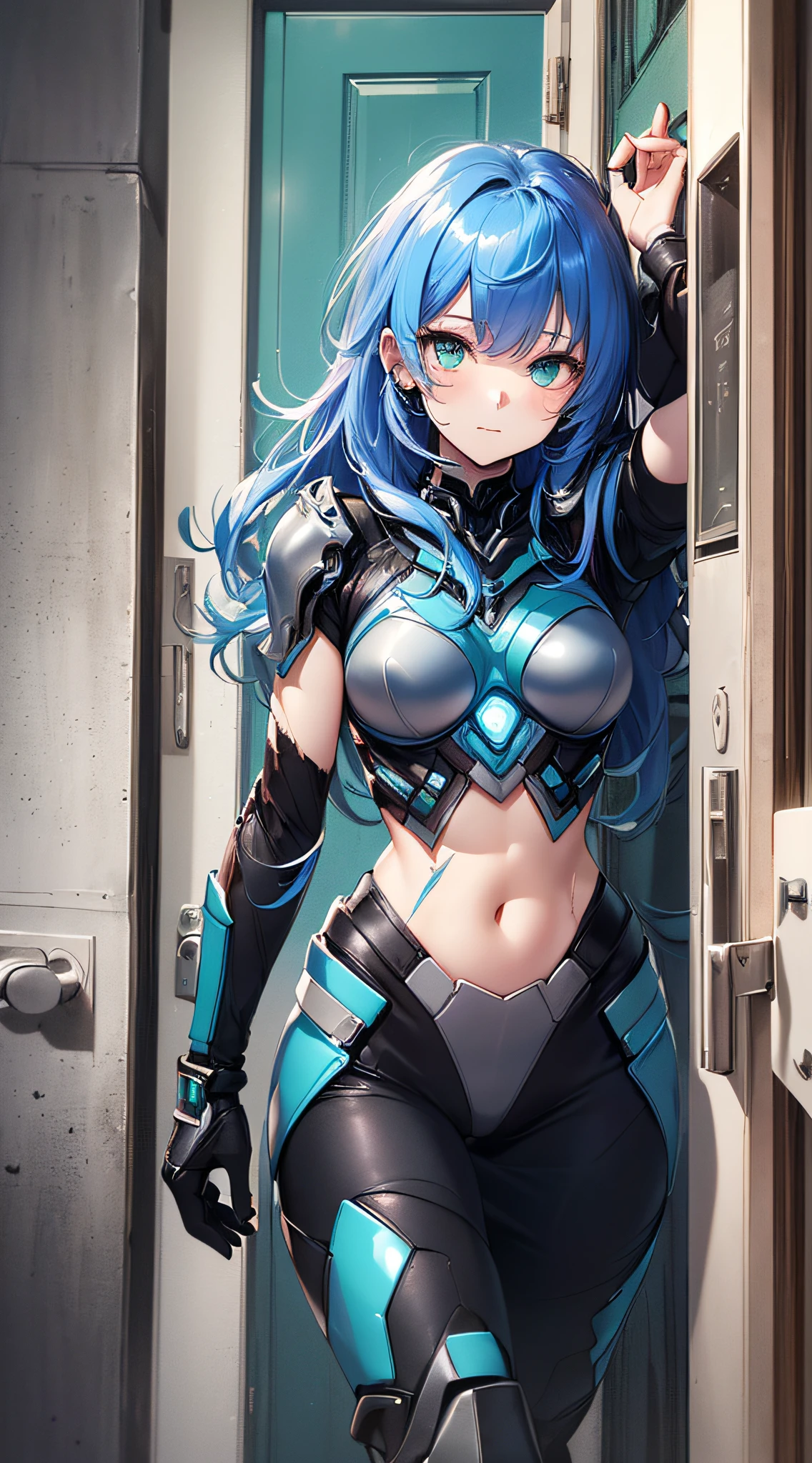 A 20-year-old Western woman with eye-catching neon blue hair, styled in loose, flowing waves. She is wearing a silver metallic lingerie set, featuring a shiny bra and matching panties. The background is minimalistic, allowing her futuristic look to stand out without distractions, huge_breasts, high resolution, ultrasharp, best quality.