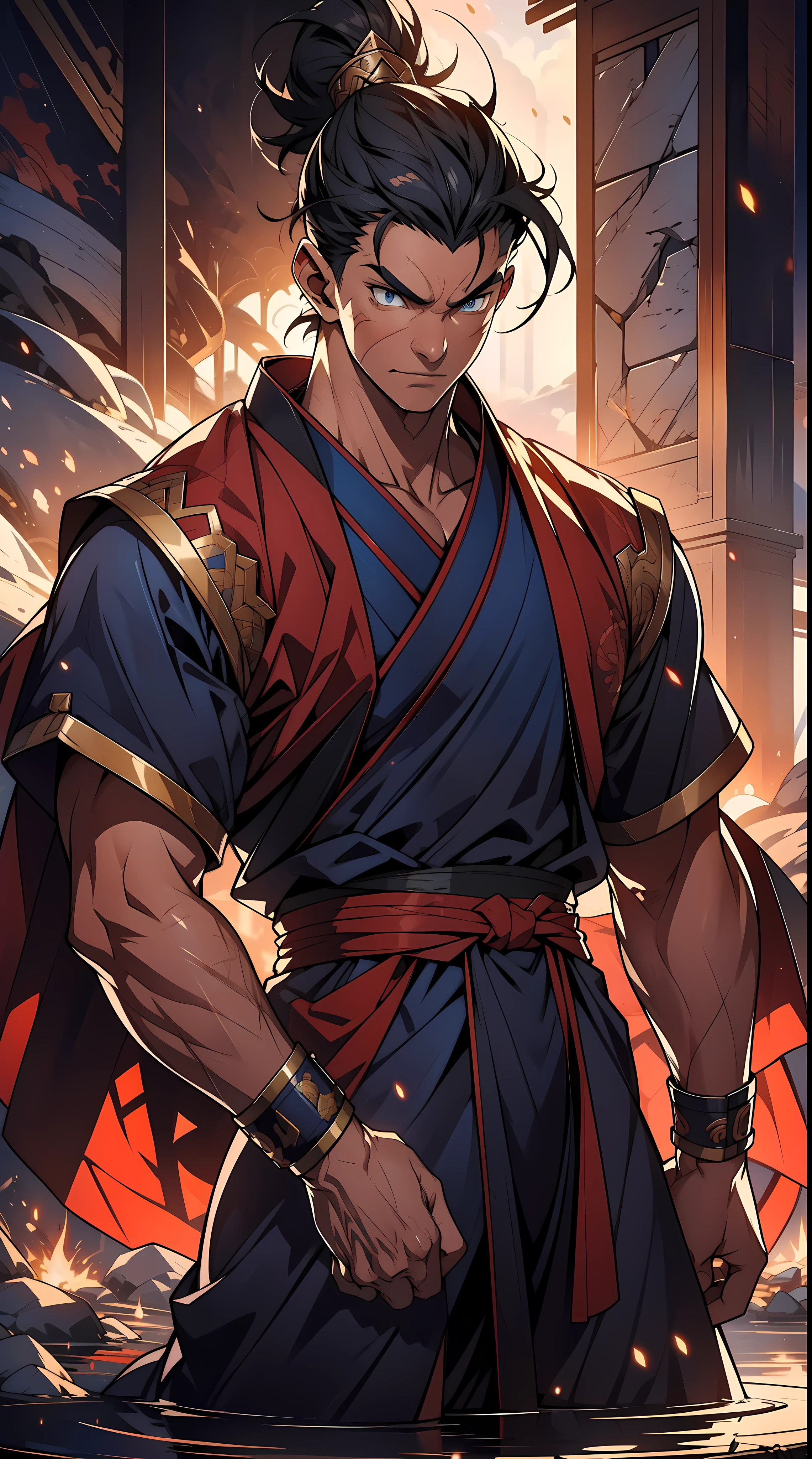 single Man, prince vegita from dragon ball, mascular, Angry, samurai kimono, look viewer, 独奏, Full body, head to toe, ((masterpiece)), (Best quality), (Extremely detailed), 8k, attention to detail, highly detailed, detailed face, detailed eyes, Depth of field, sketch, dark intensive shadows, Sharp focus quality, hdr, Colorful, Good composition, There were fires all around, detailed fire, spectacular, Anime screenshots, Scars under the eyes, getting ready to fight, Dark eyes,deep of field,Sea backgroun,ship,sunrays,Red clothes, dark blue spiky hair,quadratic element,style of shonen anime,mtu(Male Warrior,The proportions are correct,Face detail,iconic vegita hairstyle,Neck details,clothes details,getting ready to fight,short sleeves,Game quality,Light and shadow tracking,Ray traching,detailed glow,cg render,hair detail,blue colored eyes,Handsome,Handsome,(juvenile sense),Clothing is complicated,Perfect composition,Refinement,high qulity,higher details,Lots of details,The background is complex,a sense of atmosphere,