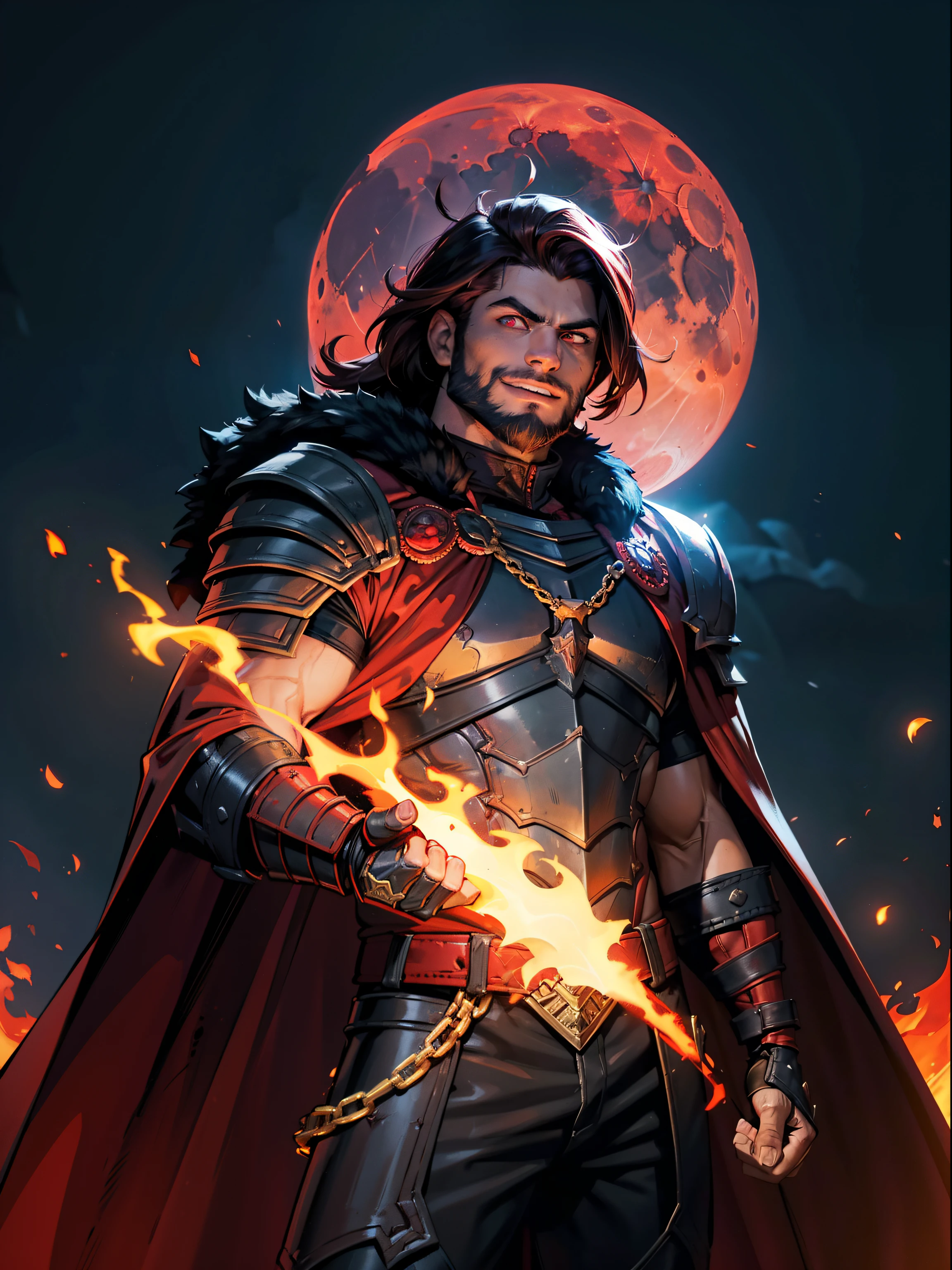 Dark night blood moon background, Darkest Dungeon style, casting fire. Sadurang from Marvel, hunk, buffed physics, short mane hair, mullet, defined face, detailed eyes, short beard, glowing red eyes, dark hair, wily smile, badass, dangerous. Wearing full red armor with dragon scales, cape of furs.