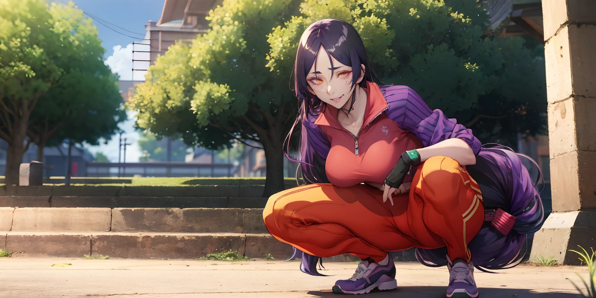 hmmr1, minamoto no raikou (fate), (dark-purple hair, long hair:1.7), epic art, fantasy art, a woman in a red shirt and orange pants crouching down, trending on pixiv, serial art, wearing a track suit, in sunny weather, anime cgi style, shalltear bloodfallen, high quality portrait, dressed with long fluent clothes, thicc, anya from spy x family, 4k post, a-1 pictures,  glow effects, godrays, Hand drawn, render, 8k, octane render, cinema 4d, blender, dark, atmospheric 4k ultra detailed, cinematic, Sharp focus, big depth of field, Masterpiece, colors, 3d octane render, 4k, concept art, trending on artstation, hyperrealistic, Vivid colors, extremely detailed CG unity 8k wallpaper, trending on CGSociety, Intricate, High Detail, dramatic,