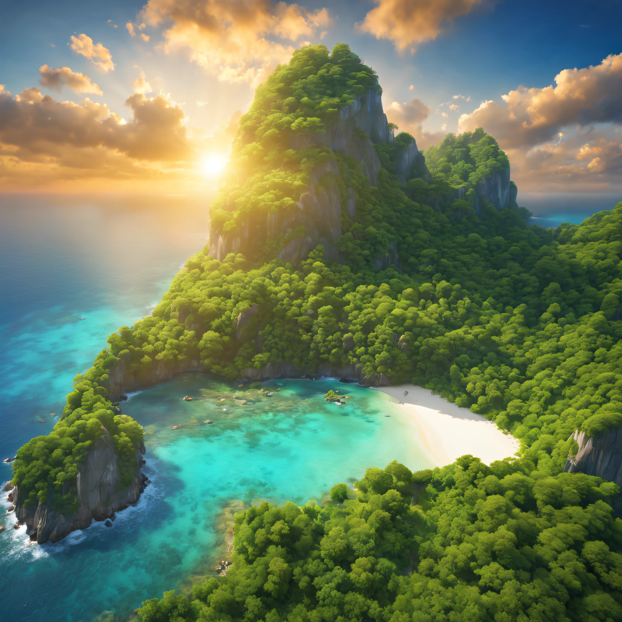 (best quality,4k,highres,masterpiece:1.2),ultra-detailed,realistic:1.37,photorealistic,HDR,UHD,aerial view,crystal-clear water,vivid colors, serene atmosphere,glowing sunset,remote island,hidden,isolated,breathtaking landscape,majestic,mountains,white sand beaches,tropical paradise,lush greenery,turquoise blue sea,tranquil,peaceful,secluded,untouched,pristine nature,warm sunlight,dreamy,fantasy,unforgettable,once-in-a-lifetime experience,romantic,serene,heartwarming,awe-inspiring surreal effects