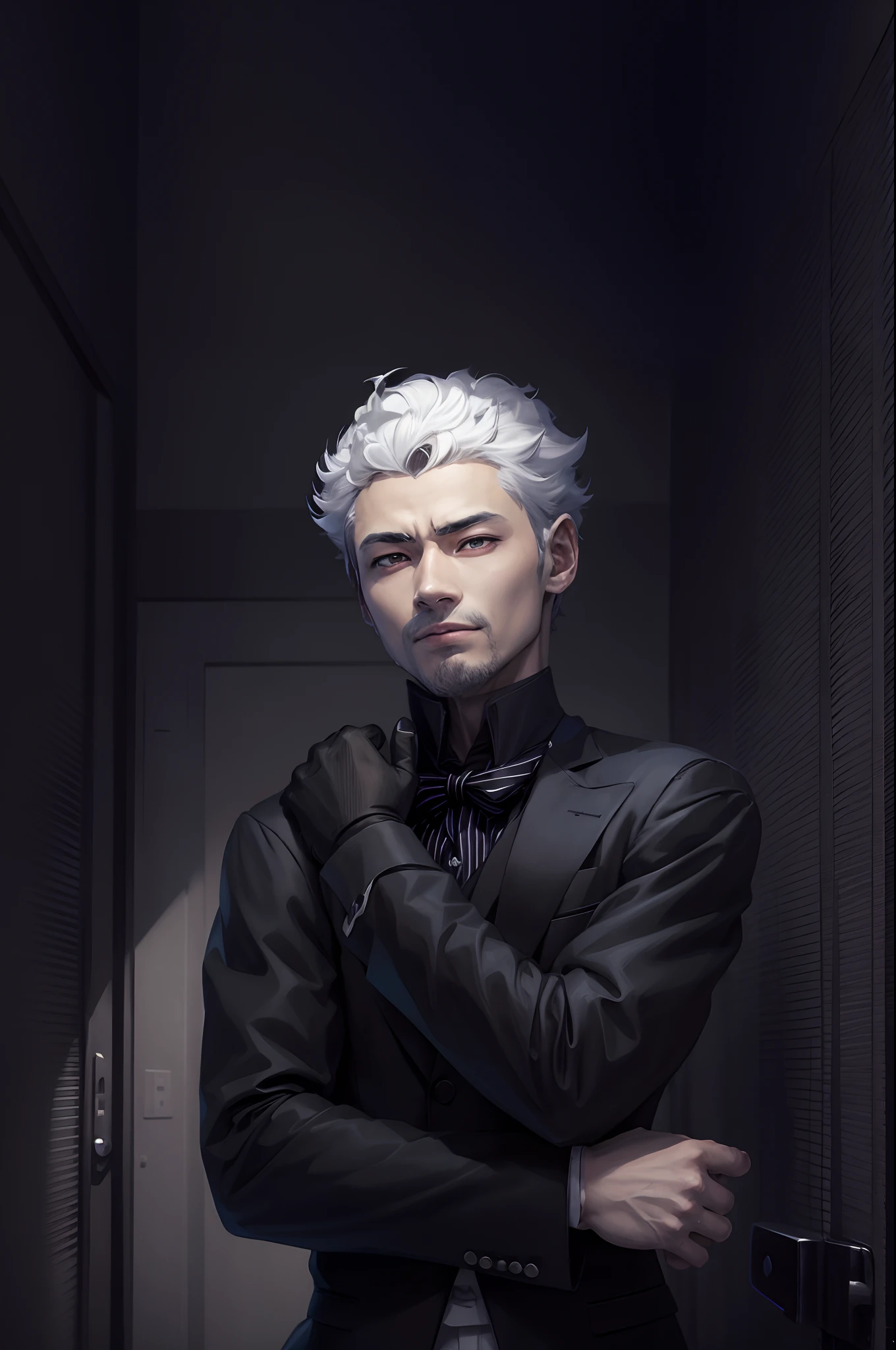 anime drawing of a man with a bow tie and a jacket, hajime yatate, inspired by Okumura Masanobu, inspired by Okumura Togyu, black and white manga style, neferpitou, nagito komaeda, monochrome artwork!!, shigenori soejima illustration, key anime art, anime boy