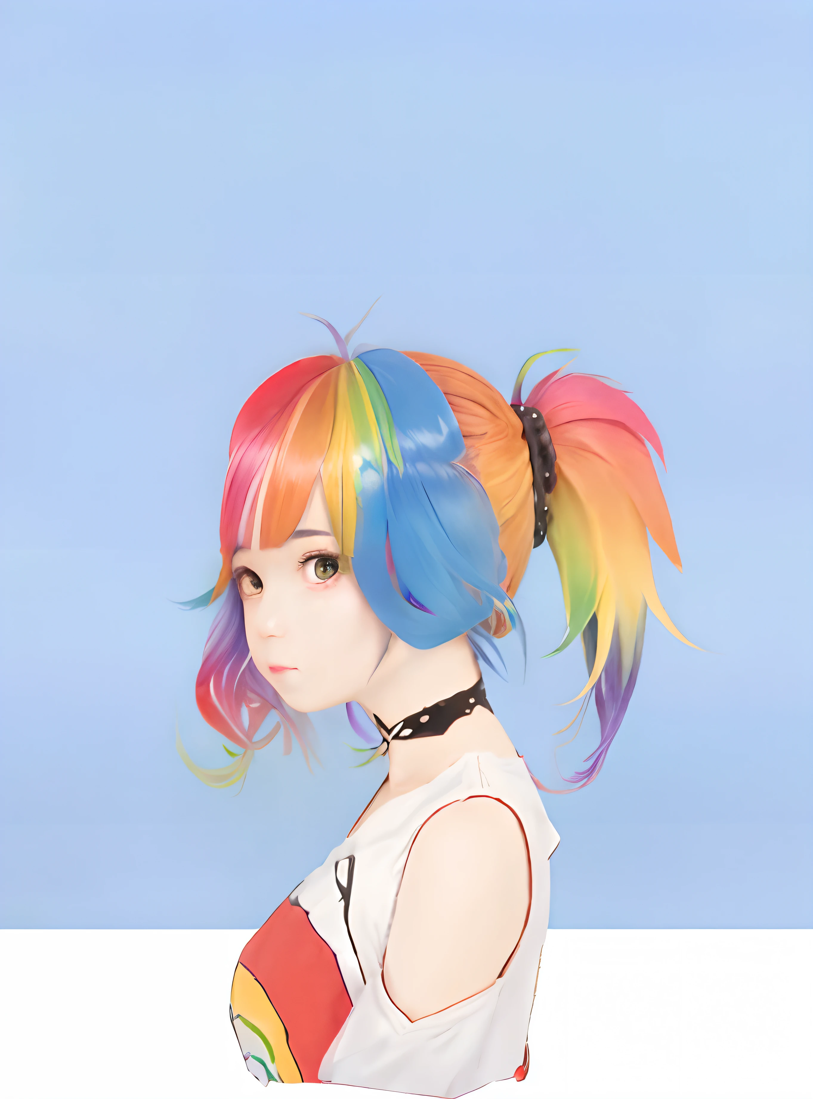 1girl, a beautiful, rainbow hair, tail hair, realistic, super detail, 70mm lens,