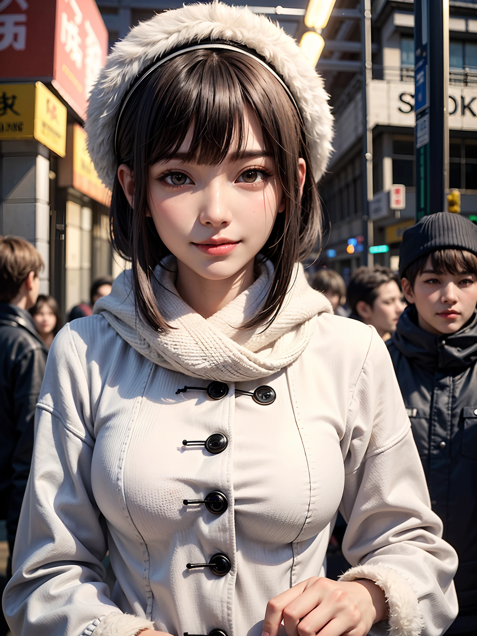 (masutepiece, top-quality),1girl in, 独奏, Black lustrous hair, scarf, Hats, realisitic, looking at the viewers, black eyes of light color, shorth hair, coat, Winter clothes, White headscarf, s lips, lipgloss,bangss,, a closed mouth, The upper part of the body、big eye、Lashes、((Street))、((Shorthair with bangs、big eye、Put very strong highlights in your students、very Bigger breasts、gazing at viewer、Very beautiful beauty、Put out all your ears、long neck、little smiling、Close your mouth and smile、Look firmly at the camera)))、