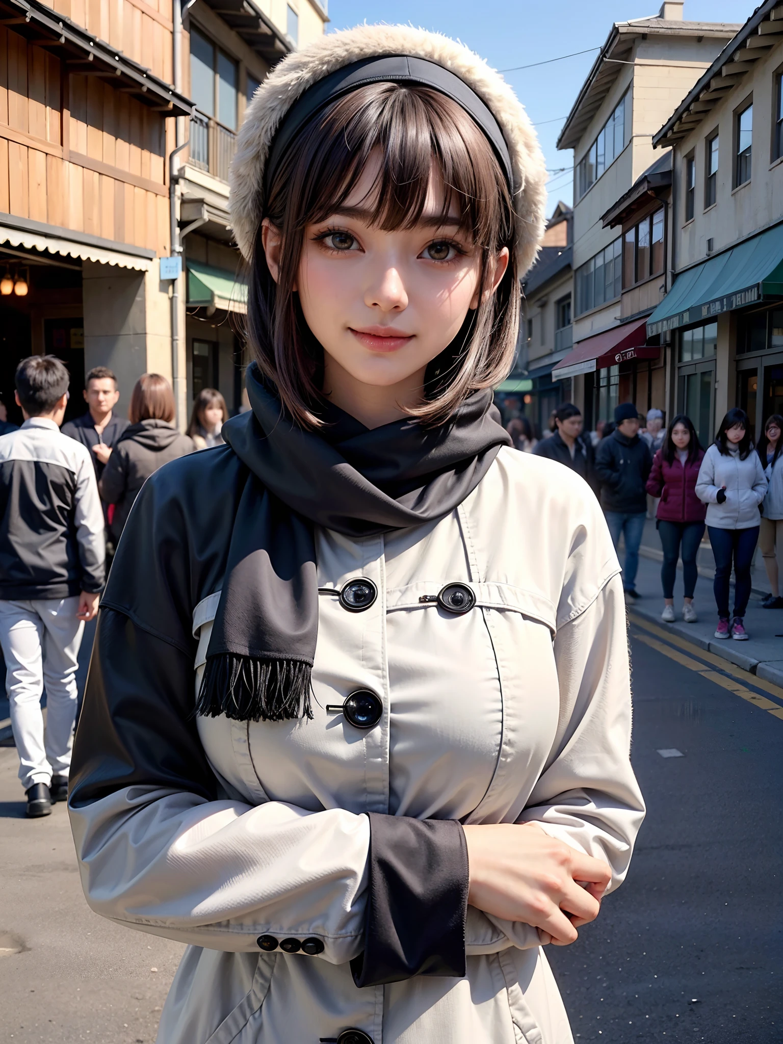 (masutepiece, top-quality),1girl in, 独奏, Black lustrous hair, scarf, Hats, realisitic, looking at the viewers, black eyes of light color, shorth hair, coat, Winter clothes, White headscarf, s lips, lipgloss,bangss,, a closed mouth, The upper part of the body、big eye、Lashes、((Street))、((Shorthair with bangs、big eye、Put very strong highlights in your students、very Bigger breasts、gazing at viewer、Very beautiful beauty、Put out all your ears、long neck、little smiling、Close your mouth and smile、Look firmly at the camera)))、