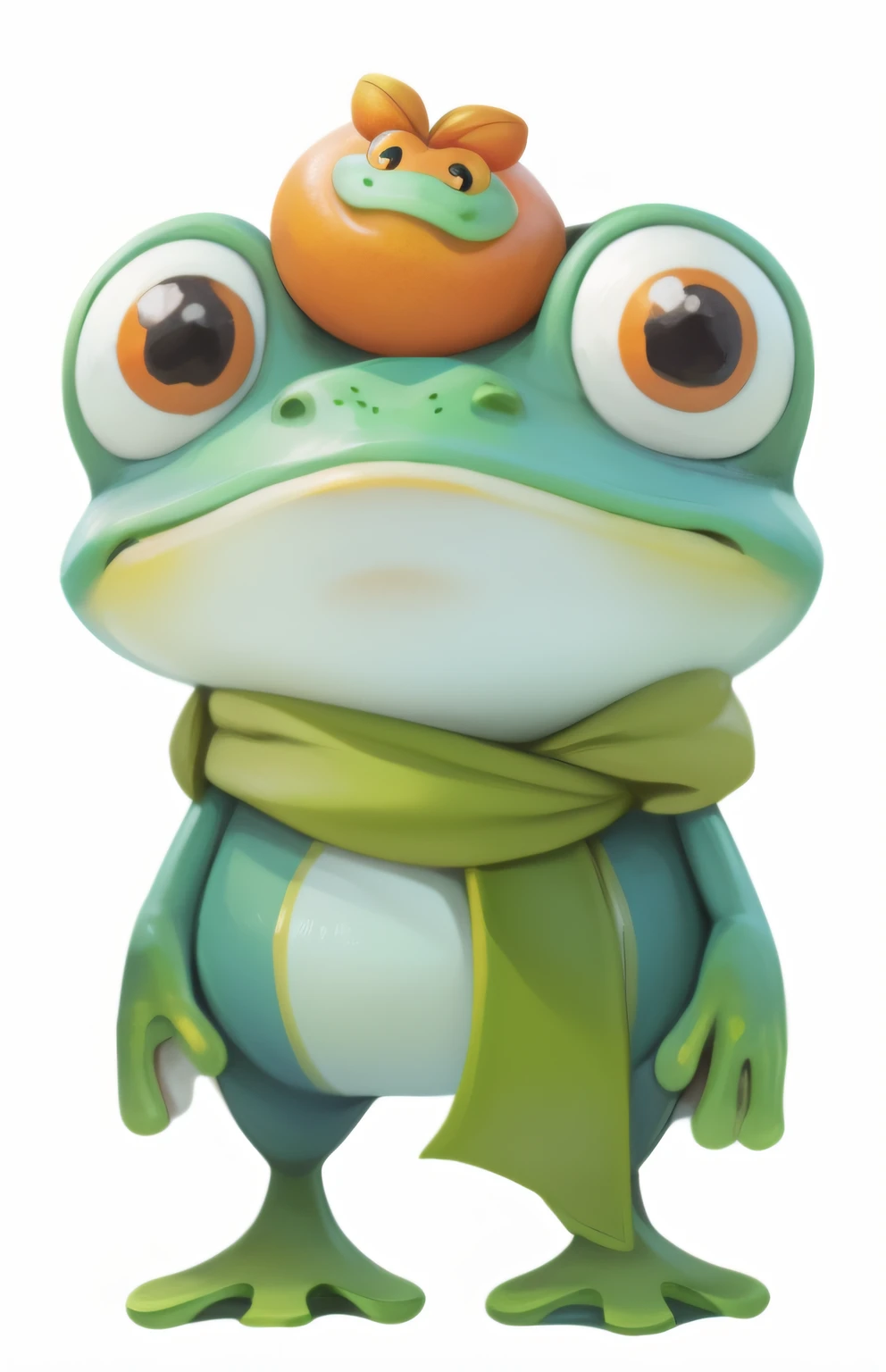 There is a frog,There is a persimmon on the head,Tomates,A scarf is wrapped around his neck, frogs, grogu, frogs, Cute frog, alien frog, lovely digital painting, clown frog king, Game character art, artistation render, arte renderizada, wee whelp, Game character, cute character, Game character design, frog head, official character art