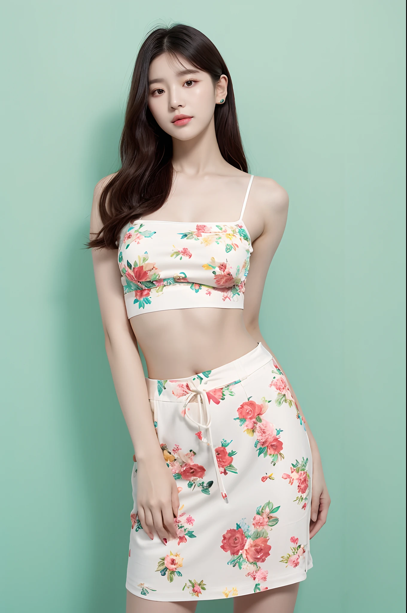 a woman in a floral crop top and mint skirt posing for a picture, croptop, crop top, bralette, wearing white camisole, bae suzy, wearing a camisole, physical : tinyest midriff ever, gorgeous young korean woman, heonhwa choe, cutecore, lulu chen, reluvy5213