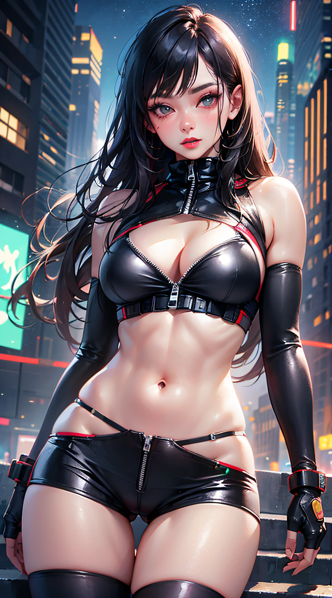 A girl, long hair, half picture, city, future, cyberpunk, science fiction, black silk, shorts, night scene, midnight, blue light, neon, night, delicate features, beautiful girl, beauty, charming,fashi-girl,red lips,realistic,makeup, sexy pose, deep cleavage, (cameltoe, camel toe, camel),abbs, toned, jumper unzipped in front, naval, seductive, sexy, teasing, tone, abbs