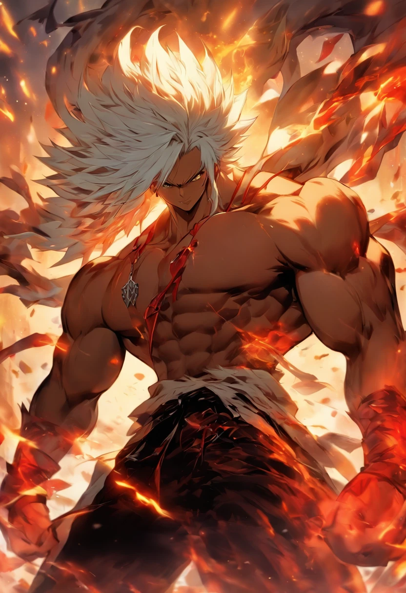 a male anime character with white hair and red eyes, character album cover, full art, antasy character, full art illustration, full portrait of elementalist, character profile art, official character art, official character illustration, merlin, high detailed official artwork, game key art, omoide emanon, oz, mobile game art, fangs, smurk, white hair, no shirt, muscular body, walking pose