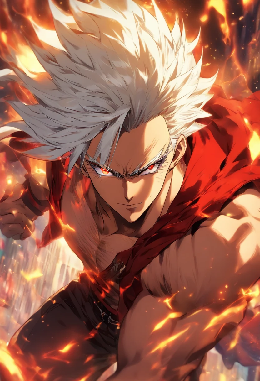 a male anime character with white hair and red eyes, character album cover, full art, antasy character, full art illustration, full portrait of elementalist, character profile art, official character art, official character illustration, merlin, high detailed official artwork, game key art, omoide emanon, oz, mobile game art, fangs, smurk, white hair, no shirt, muscular body, walking pose