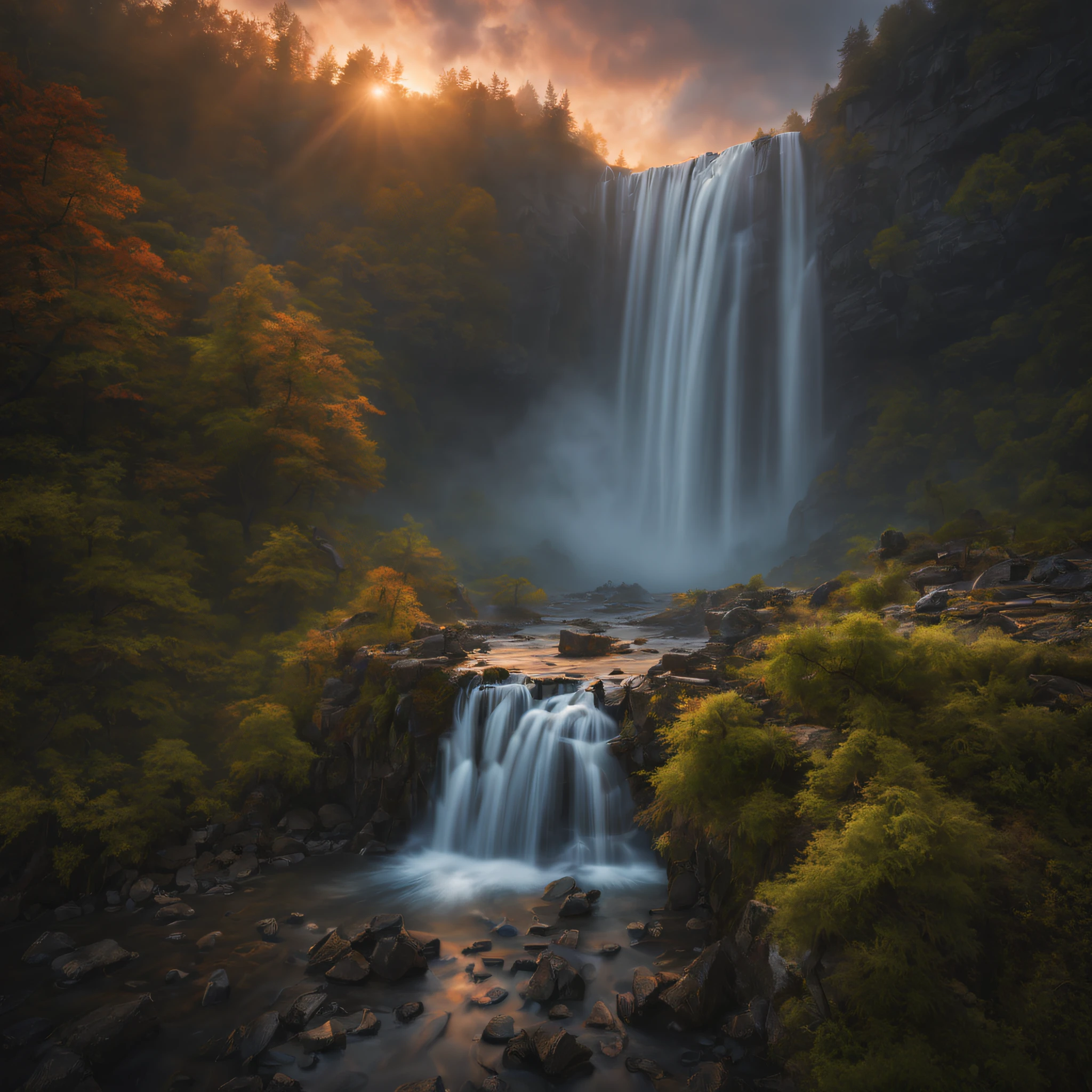 (best quality,4k, highly detailed:1.2), realistic image, landscape photography, waterfall, drone shots, RAW, log file, colors, sunsets, fog and mist, ultra-fine details, studio lighting