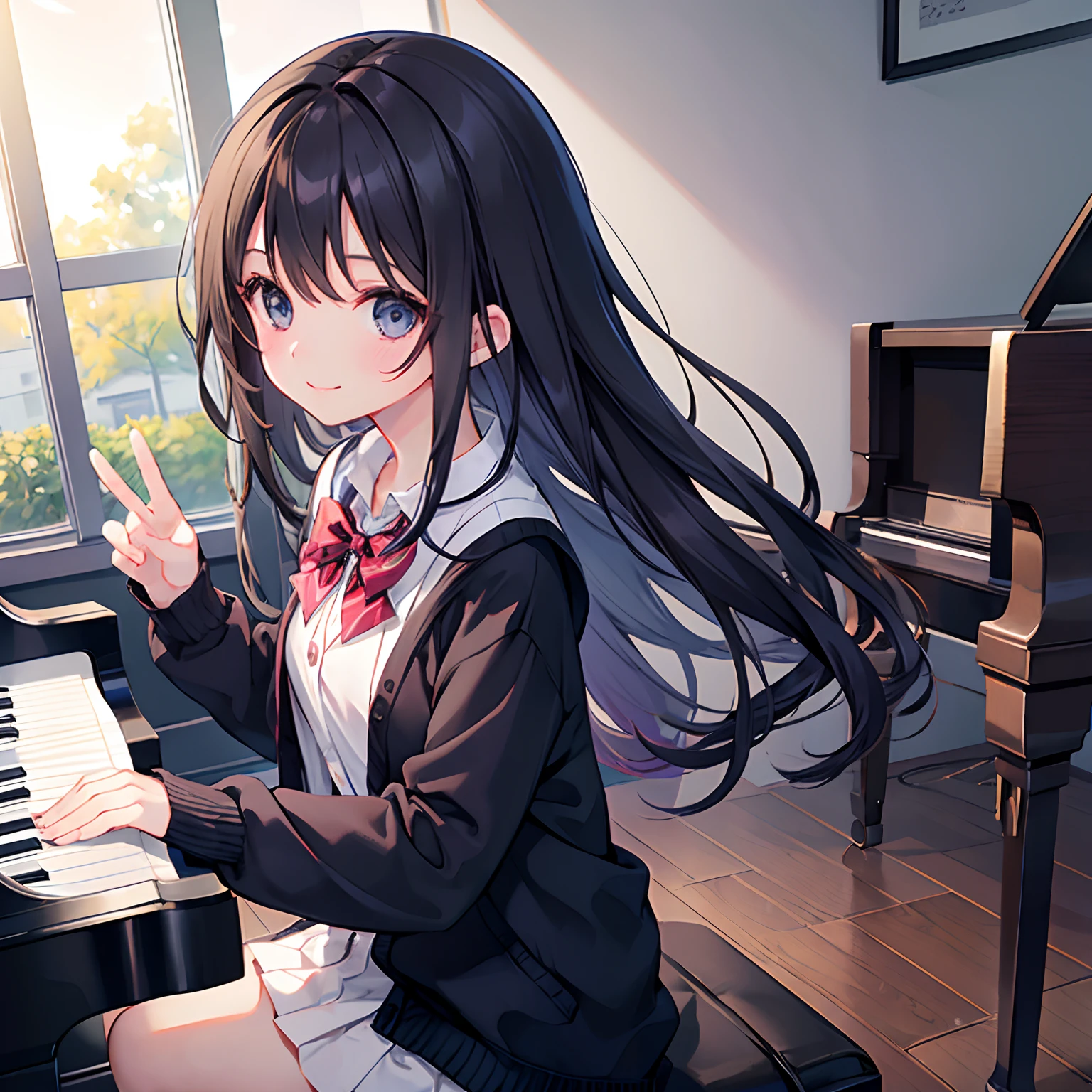 girl with、1 persons、Dark hair、Black eyes、length hair、A smile、校服、Cardigan、Schools、Music room、playing piano