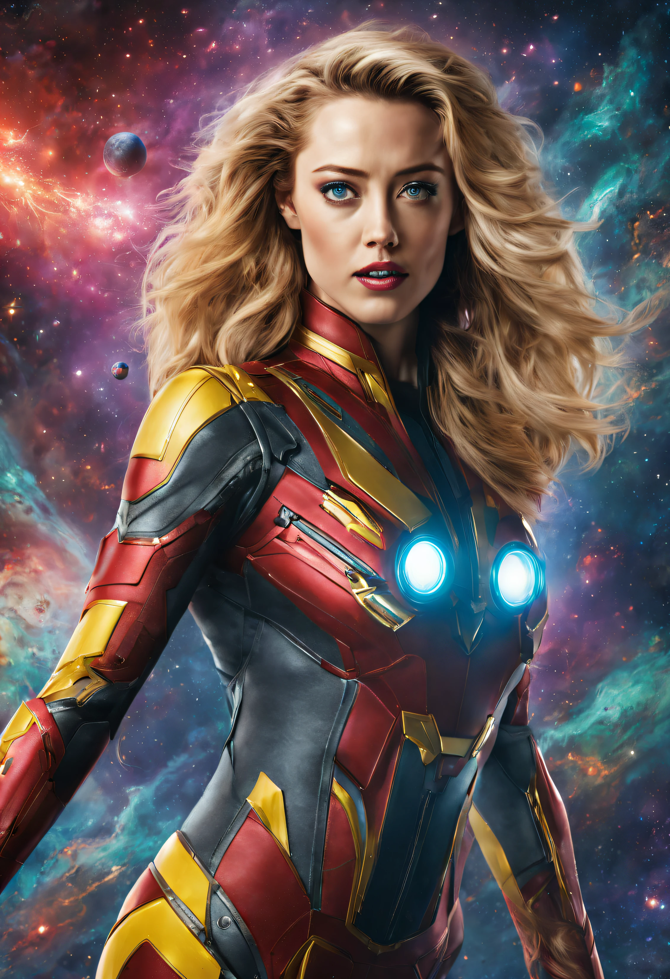 alienigena_extraterrestre (mezcla de nebulade_marvel, pero_con_rasgos_parecidos_a_amber_heard), con_ojos_grandes__traje ultratecnologico de colores vivos, se encuentra en centro de control de spacecraft