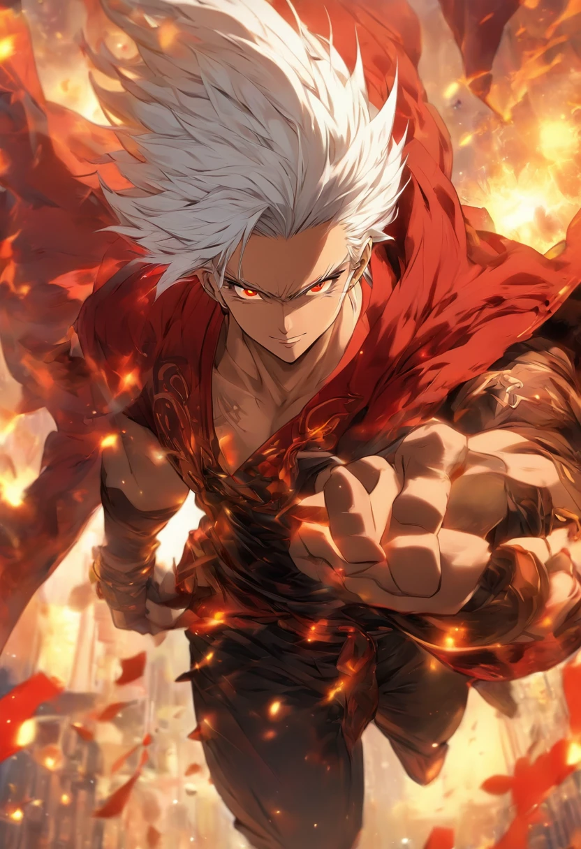 a male anime character with white hair and red eyes, character album cover, full art, antasy character, full art illustration, full portrait of elementalist, character profile art, official character art, official character illustration, merlin, high detailed official artwork, game key art, omoide emanon, oz, mobile game art, fangs, smurk, white hair, no shirt, strong body, walking pose