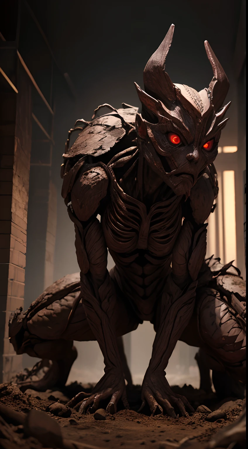 Earth creatures pounce,Part of the soil、Full body,Anthropomorphic soil、Female clay doll、red eyes、cruel、Realistic Digital, Humanoid、Convoluted, epicd, Dramatic, masutepiece, high detailing, Best Quality, 超A high resolution、Horror movie lighting