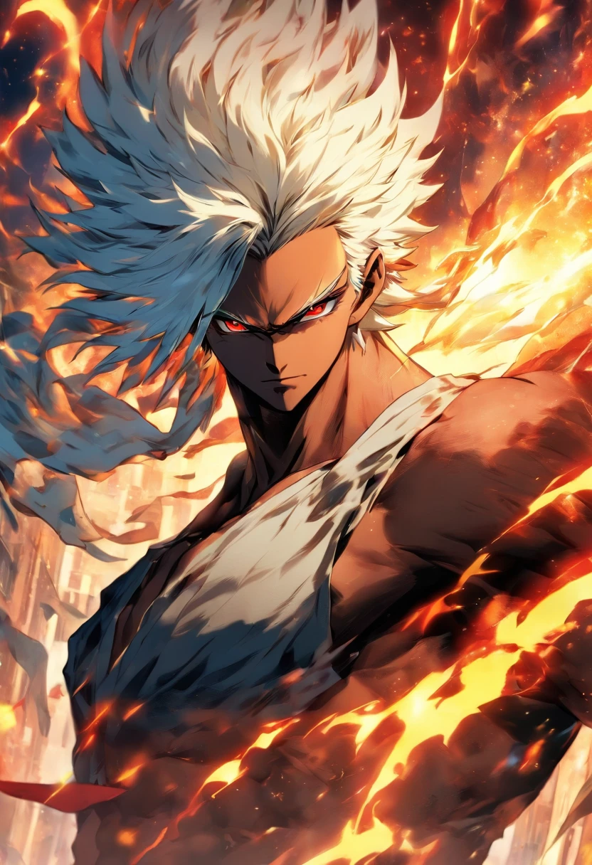 a male anime character with white hair and red eyes, character album cover, full art, antasy character, full art illustration, full portrait of elementalist, character profile art, official character art, official character illustration, merlin, high detailed official artwork, game key art, omoide emanon, oz, mobile game art, fangs, smurk, white hair, no shirt, strong body, walking pose
