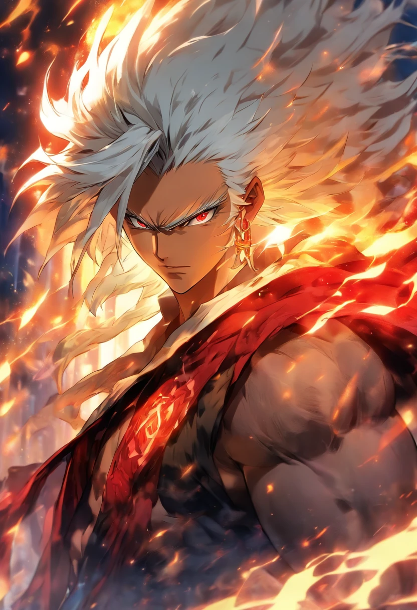 a male anime character with white hair and red eyes, character album cover, full art, antasy character, full art illustration, full portrait of elementalist, character profile art, official character art, official character illustration, merlin, high detailed official artwork, game key art, omoide emanon, oz, mobile game art, fangs, smurk, white hair, no shirt, strong body, walking pose