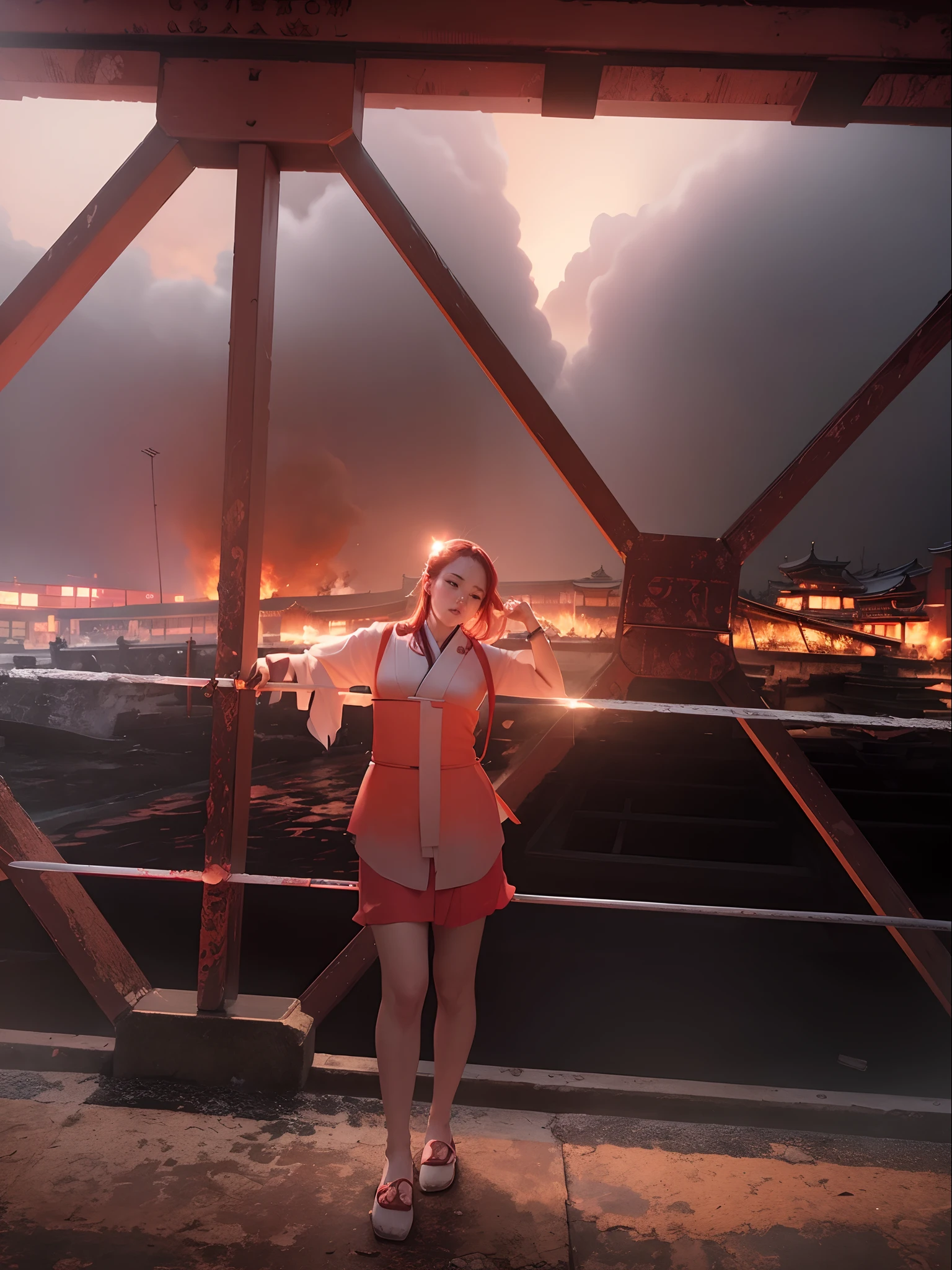 The background is a temple in the Japan that is in flames.、midnight、red hairs、Woman in white kimono holding Japan sword、Women are also burning
