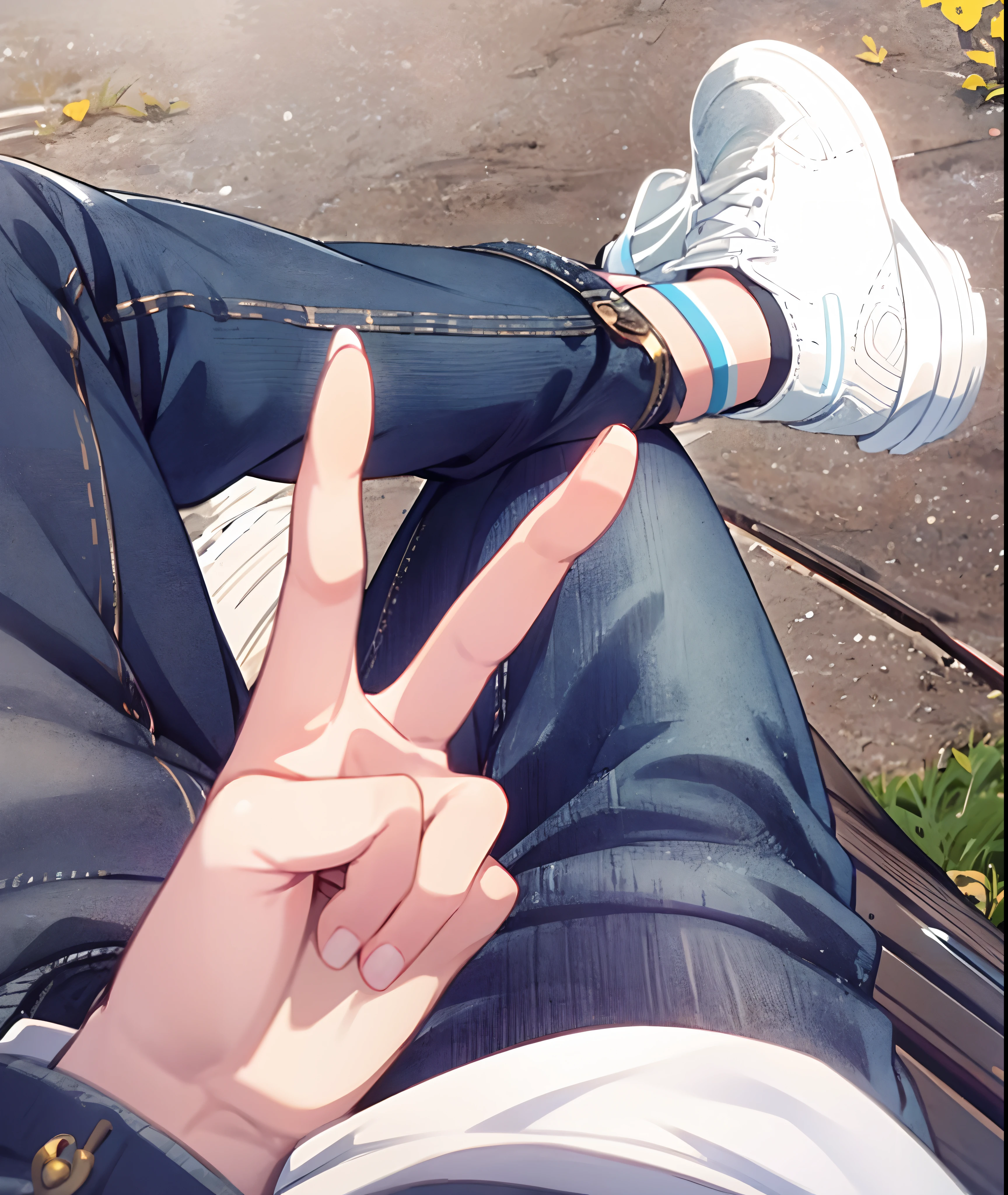 someone is sitting on a bench with their legs crossed and their hand up, with index finger, handsome anime pose, from yowamushi pedal, anime vibes, [ realistic photo ]!!, by Yuumei, in style of makoto shinkai, makoto shinkai!, clean detailed anime style, the forefoot to make a v gesture, anime pose