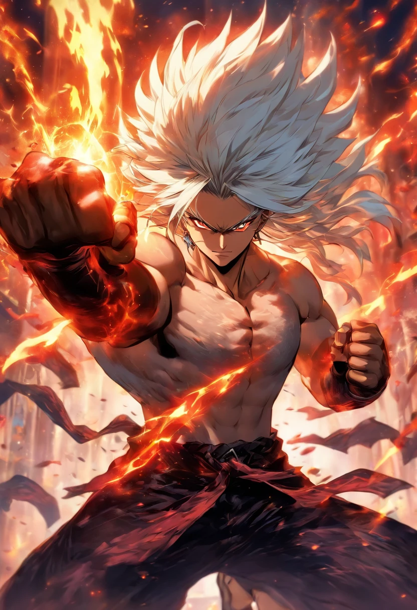 a male anime character with white hair and red eyes, character album cover, full art, antasy character, full art illustration, full portrait of elementalist, character profile art, official character art, official character illustration, merlin, high detailed official artwork, game key art, omoide emanon, oz, mobile game art, fangs, smurk, white hair, no shirt, strong body, full body, fighting pose.
