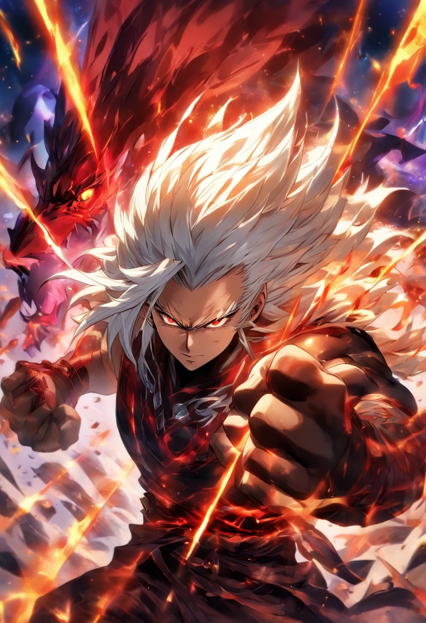a male anime character with white hair and red eyes, character album cover, full art, antasy character, full art illustration, full portrait of elementalist, character profile art, official character art, official character illustration, merlin, high detailed official artwork, game key art, omoide emanon, oz, mobile game art, fangs, smurk, white hair, no shirt, strong body, full body, fighting pose.