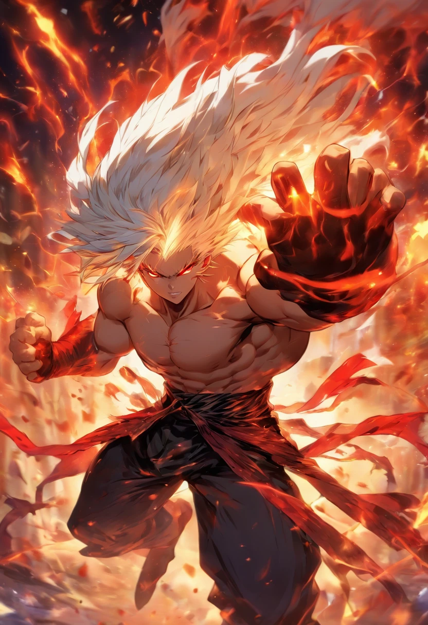 a male anime character with white hair and red eyes, character album cover, full art, antasy character, full art illustration, full portrait of elementalist, character profile art, official character art, official character illustration, merlin, high detailed official artwork, game key art, omoide emanon, oz, mobile game art, fangs, smurk, white hair, no shirt, muscular body, walking pose