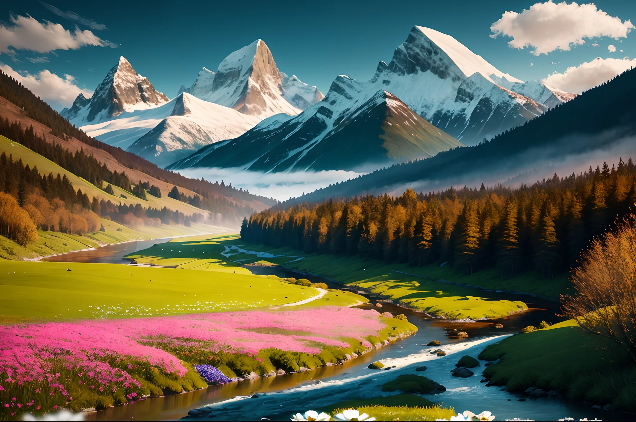 breathtaking ultra-realistic natural landscape in 64k resolution. Snow-capped mountains rise above a lush green valley, with a crystal-clear river winding through it. Flowers of every color dot the meadows, and birdsong fills the air.