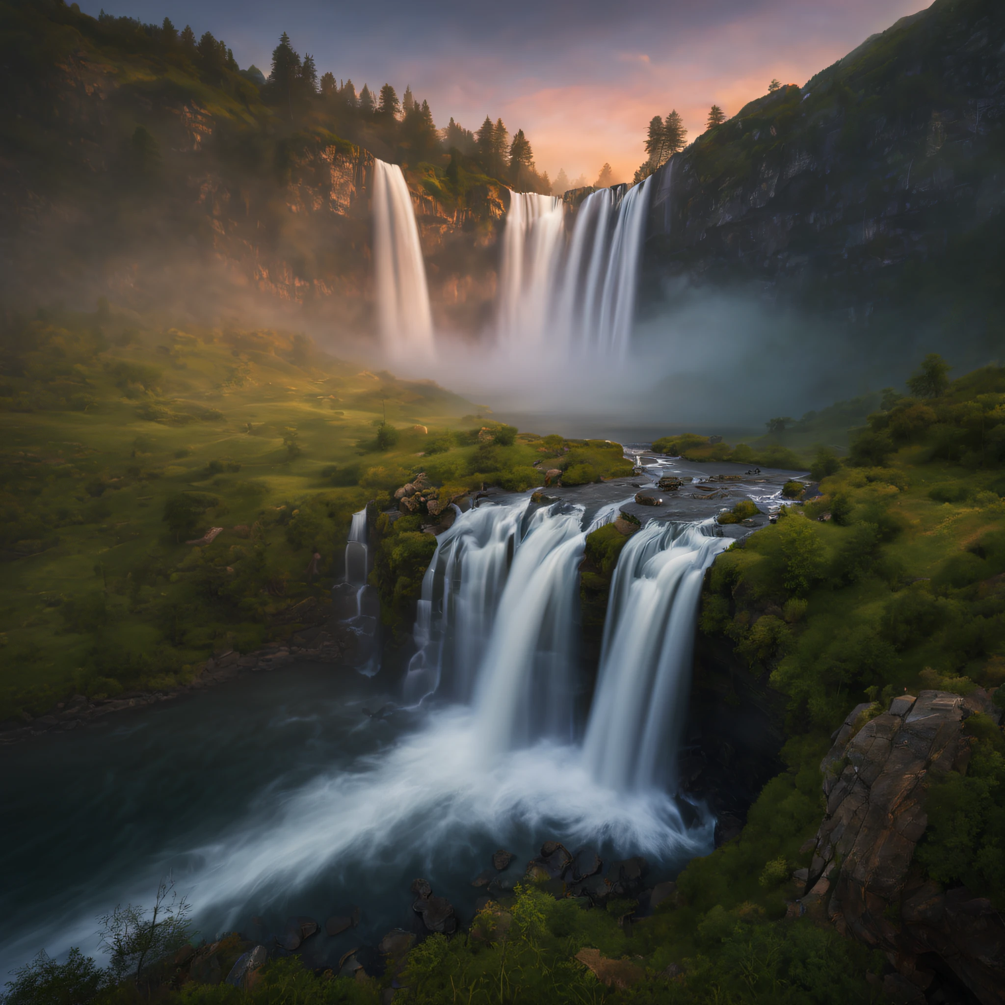 (best quality,4k, highly detailed:1.2), realistic image, landscape photography, waterfall, drone shots, RAW, log file, colors, sunsets, fog and mist, ultra-fine details, studio lighting