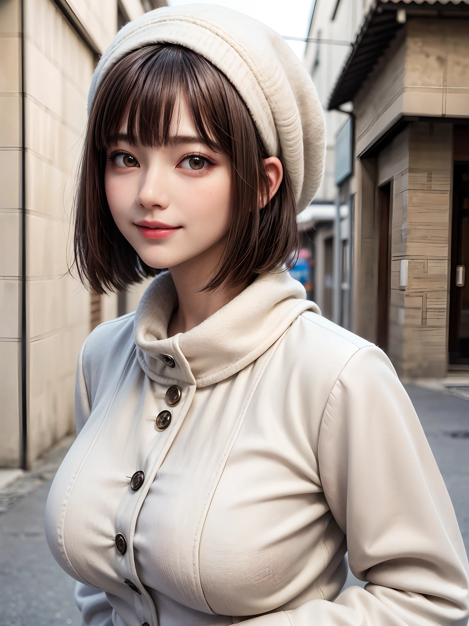 (masterpiece, top-quality),1girl in, 独奏, A dark-haired, scarf, Hats,, realisitic, looking at the viewers, black eyes of light color, shorth hair, coat, Winter clothes, White headscarf, s lips, lipgloss,bangss,, a closed mouth, The upper part of the body、big eye、Lashes、((Street))、((Shorthair with bangs、big eye、Put very strong highlights in your students、very Bigger breasts、gazing at viewer、Very beautiful beauty、Put your ears out、long neck、little smiling、Close your mouth and smile)))、