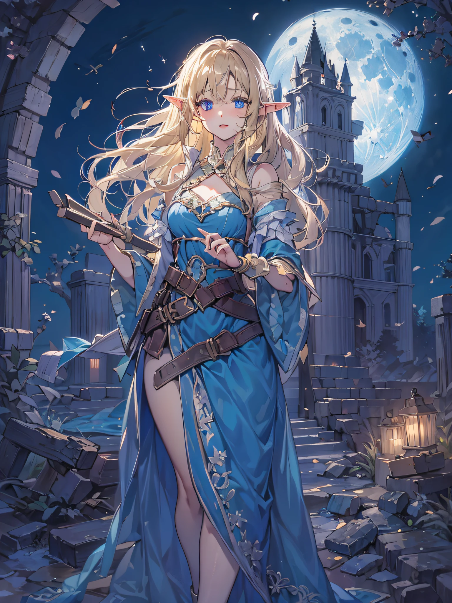 elf girl, blonde long hair, blue eyes, blue dress, having a magic wand and magic scroll, at midnight, full moon on the back, Ruins of an old castle