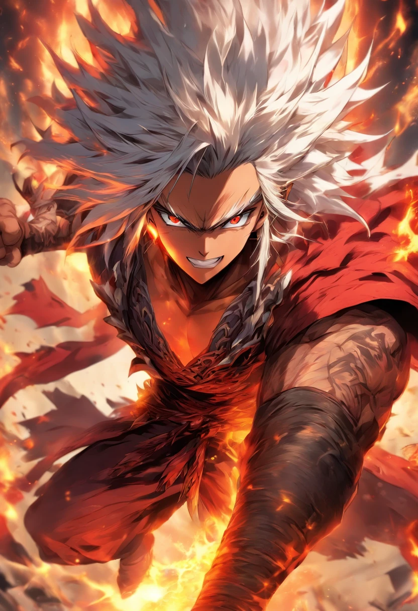 a male anime character with white hair and red eyes, character album cover, full art, fantasy character, full art illustration, full portrait of elementalist, character profile art, official character art, official character illustration, merlin, high detailed official artwork, game key art, mobile game art, fangs, smurk, white hair, no shirt, strong body, full body, fighting pose.