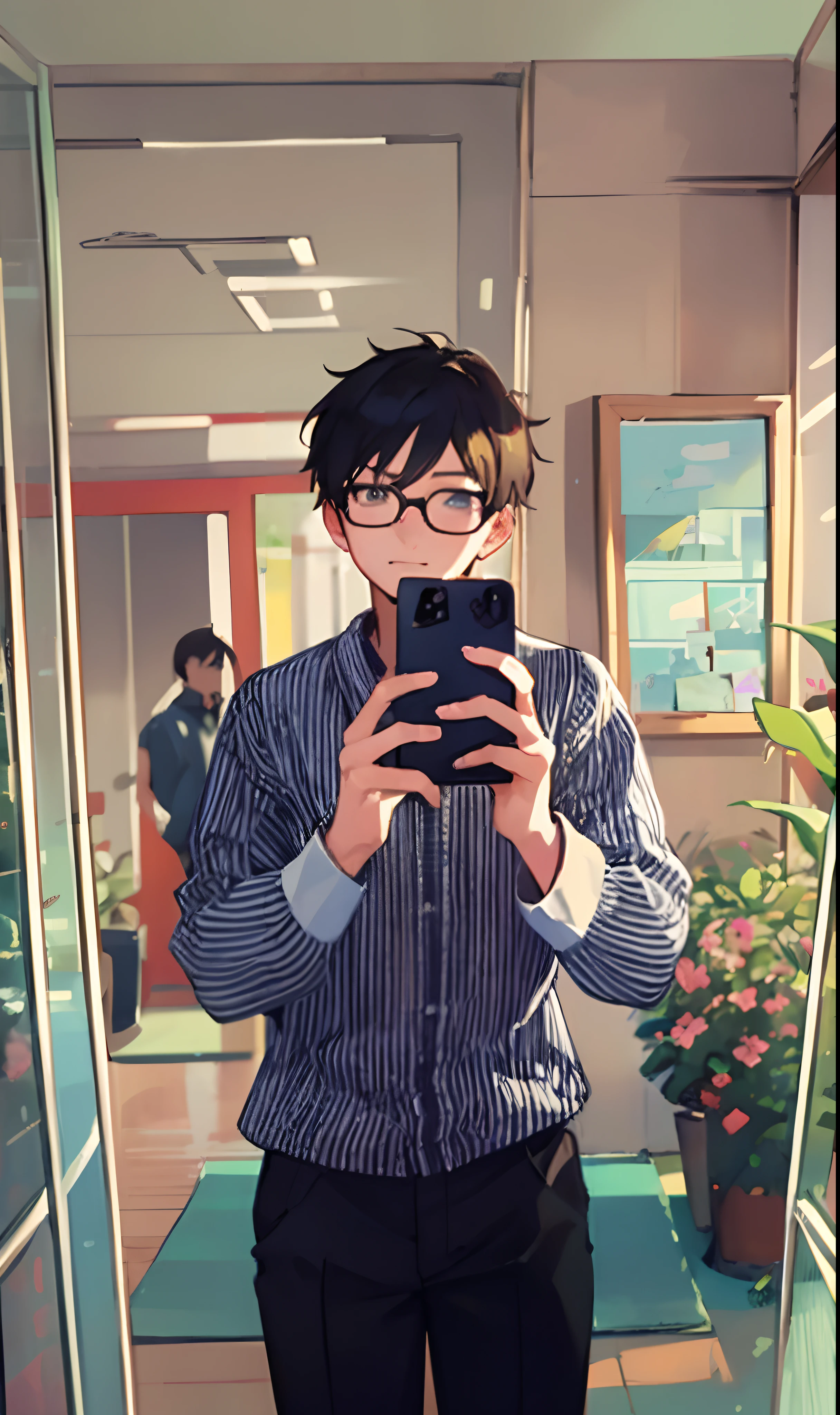 anime boy taking a selfie in a hallway with a phone, digital anime illustration, realistic anime 3 d style, digital anime art, artwork in the style of guweiz, detailed digital anime art, painted in anime painter studio, anime styled digital art, in an anime style, lofi portrait, realistic anime art style, anime realism style, in anime style