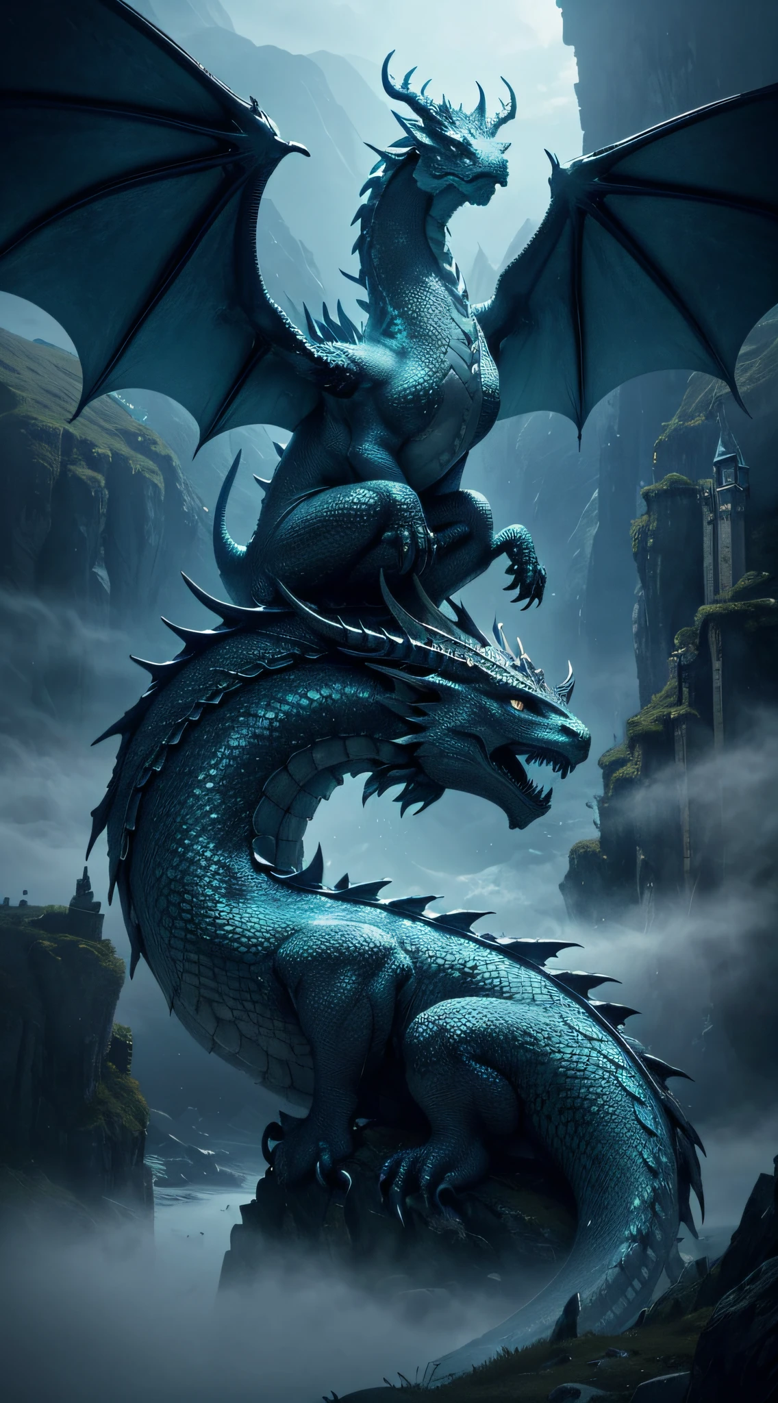Immerse viewers in a breathtaking 4K visual of a mythical dragon perched atop an ancient, mist-covered castle. Illuminate the scene with a soft, ethereal glow, highlighting the dragon's iridescent scales and intricate, horned features. Let the composition evoke a sense of mystery and power, capturing the essence of this magnificent creature."