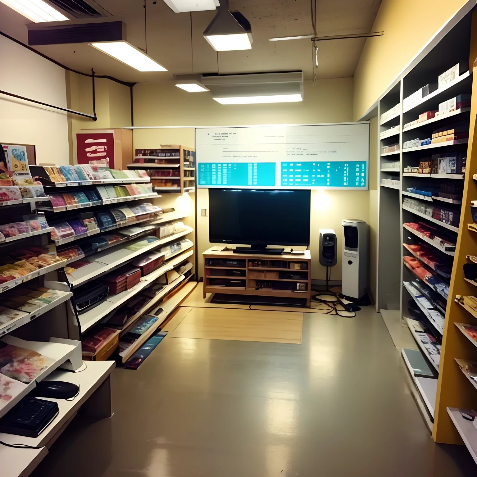 Electronics store, paleta de cor no estilo anime anos 90, retro, loja de computadores e celulares, scenecy, Setting for anime, sem humanos, arte bonita