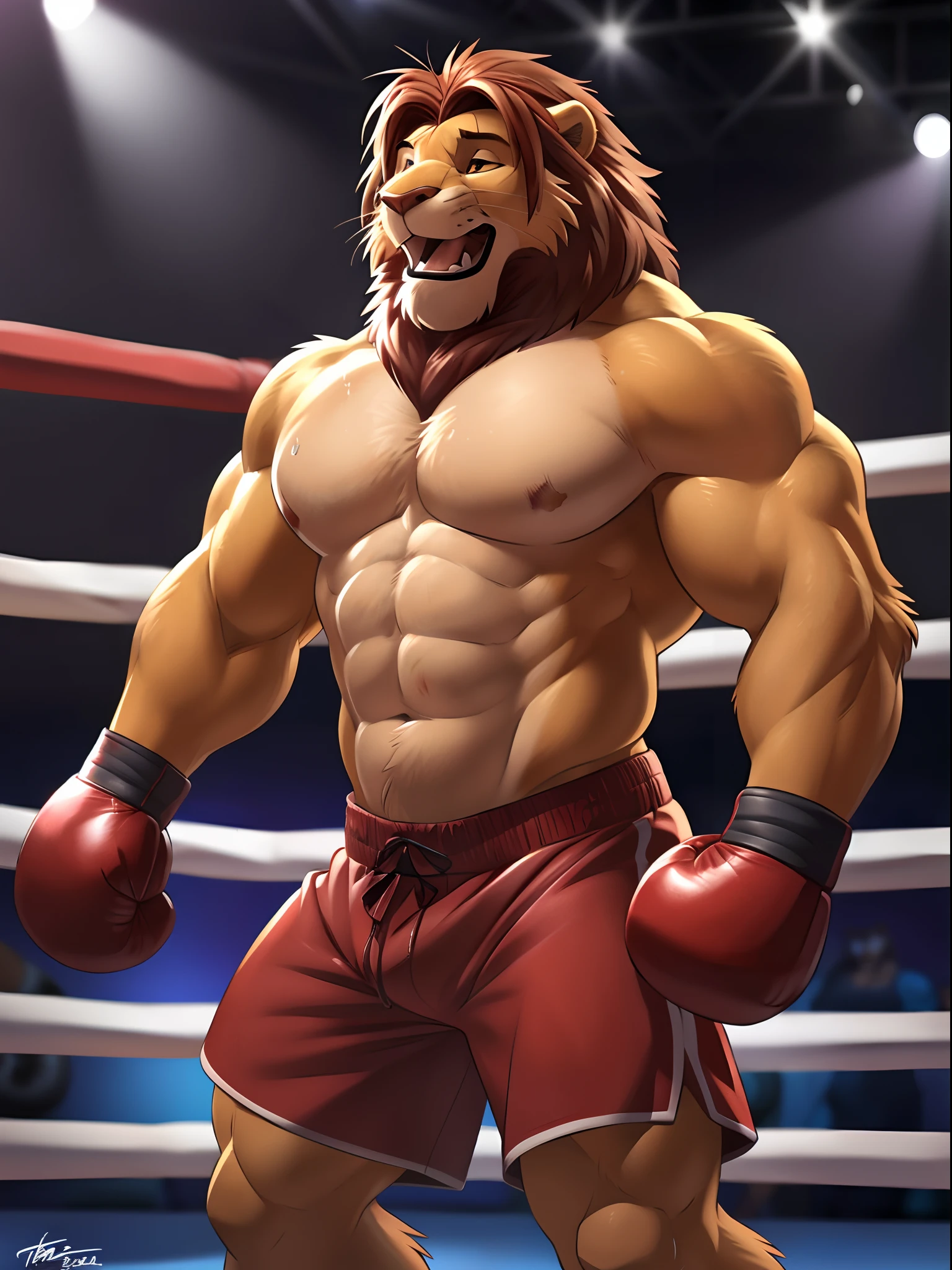 Lora:simba, full height. 4k, high resolution, best quality, posted on e621, solo, anthro body, male lion, adult, masculine, (skinny, strong pectorals, defined muscles, muscular shoulders), correct anatomy, (boxing ring background, gym background), (blurry background, out-of-focus background:1.2), (by wfa:1.0), (by takemoto arashi:1.0), (by Taran Fiddler:0.5), sexy, (cel shaded, cartoony shading:1.2), black lineart, black outline, flat coloring, (strong shadows, dark shadows:1.2), (pink shorts, topless, boxing gloves), sexy shadows, lion tail, slim posture, open mouth, sticking out tongue, open:1 eyes, detailed eyes, tilted head, exhausted, wet sweat:1.2, (bruised:1.6, shiner:1.2), collapsed