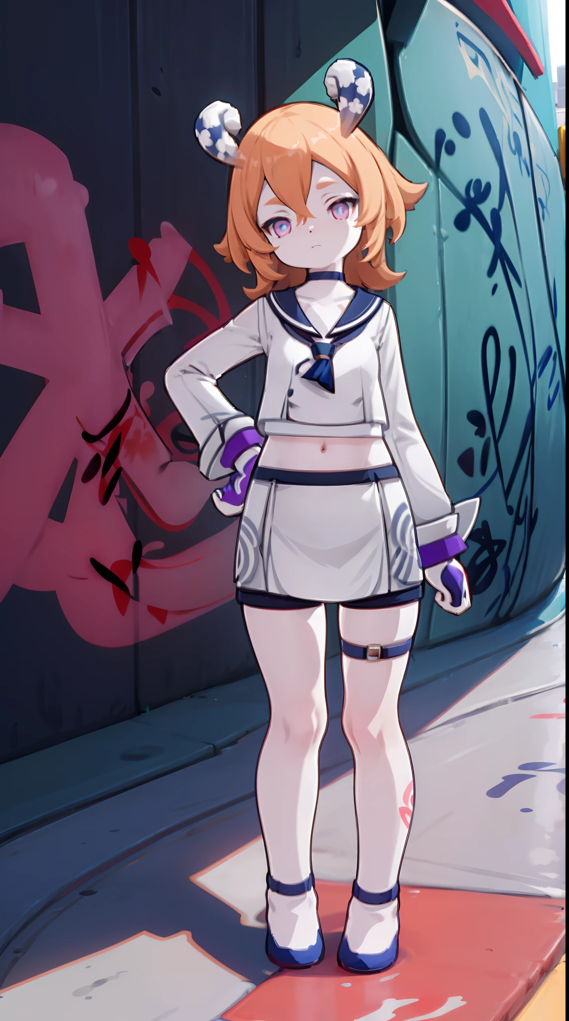Melousine | genshin impact, master-piece, bestquality, 1girls,25 years old, proportional body, elongated legs, proportional.,sailor suit, short skirt, mediuml breasts, ,bara, crop top, choker, (Graffiti:1.5), Splash with purple lightning pattern., arm behind back, against wall, View viewers from the front., Thigh strap, Head tilt, bored, 10, 10, HD,