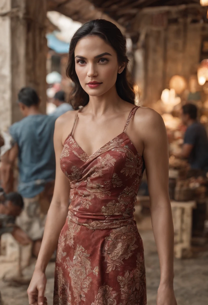 a cinematic photo scene of Wonder Woman (donning a casual Elegant Batik dress:1.2) at the Indonesian traditional batik market place, insanely detailed and intricate, ultra-sharp focus, masterpiece portrait photo work of Annie Leibovitz, hyper maximalist, ultra-high resolution, ultra-high definition,16k, professional color grading by Kenneth Hines Jr