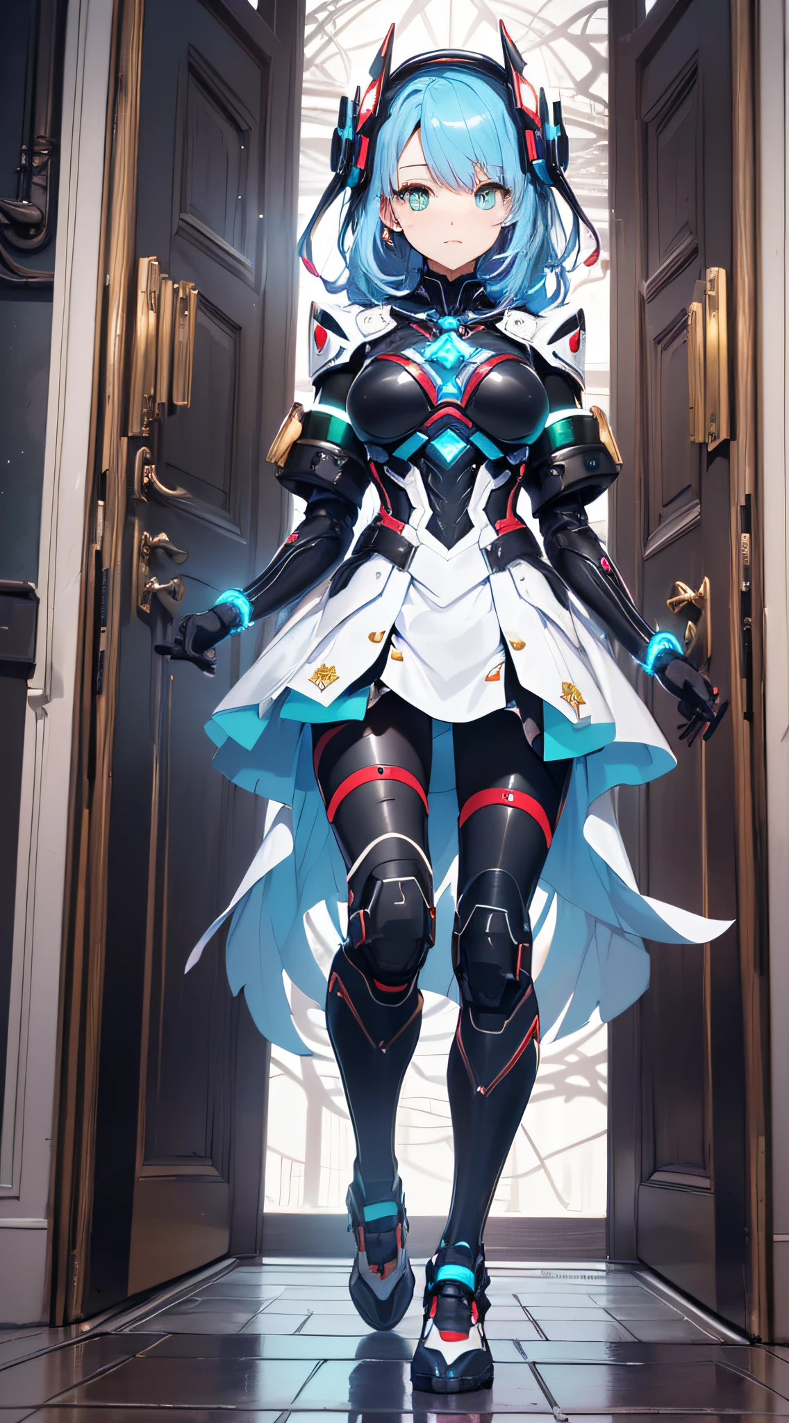 top-quality、Top image quality、masterpiece、Android Girl((,Full body glowing machine、Cybersuit glowing black, red and white、Blue energy source for the chest,Best Bust、Bust 90、Light blue shiny hair、Longhaire,Cyber Skirt、Blue-green eyes、open chest wide、Valley、Happiness、A slender、arms held back、Walk towards the door))hiquality、Beautiful Art、Background with((The Door of Mystery、kosmos))、masutepiece、Elaborate design、visualart、Theatrical films