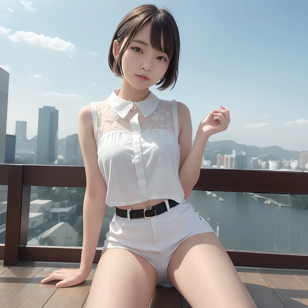 idol,japanes,(8k、top-quality、​masterpiece:1.2)、(realisitic、Photorealsitic:1.37)、ultra-detailliert、女の子 1 人、cute little、独奏、Beautiful detailed sky、Detailed Cafe、natta、sitting on、date、(Nasal blush)、 (a smile:1.15)、(a closed mouth)small tits、Fine and beautiful eyes、(shirt with collar:1.1)、natta、Wet、Transaction service、Sateen、White lace、(short-hair:1.2)、Float NovaFrogStyle、toppless、