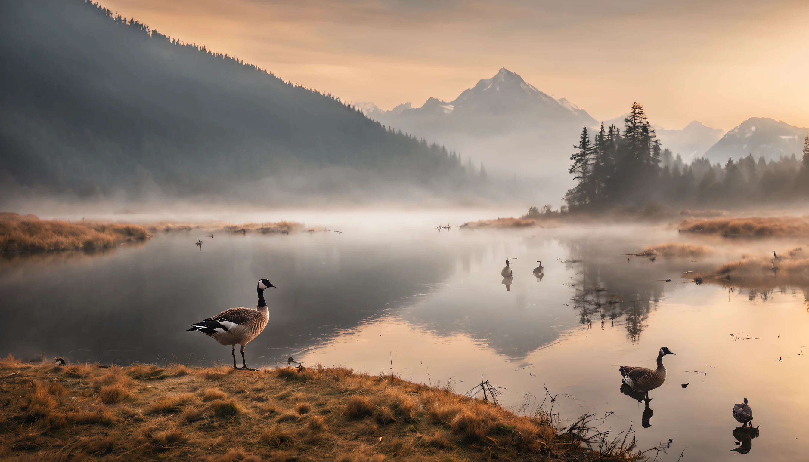 Beautiful landscape photography, Mountain, lake, geese, heavy fog, morning, mist, cinematic, log, raw, highly detail, 4k image, landscape photography