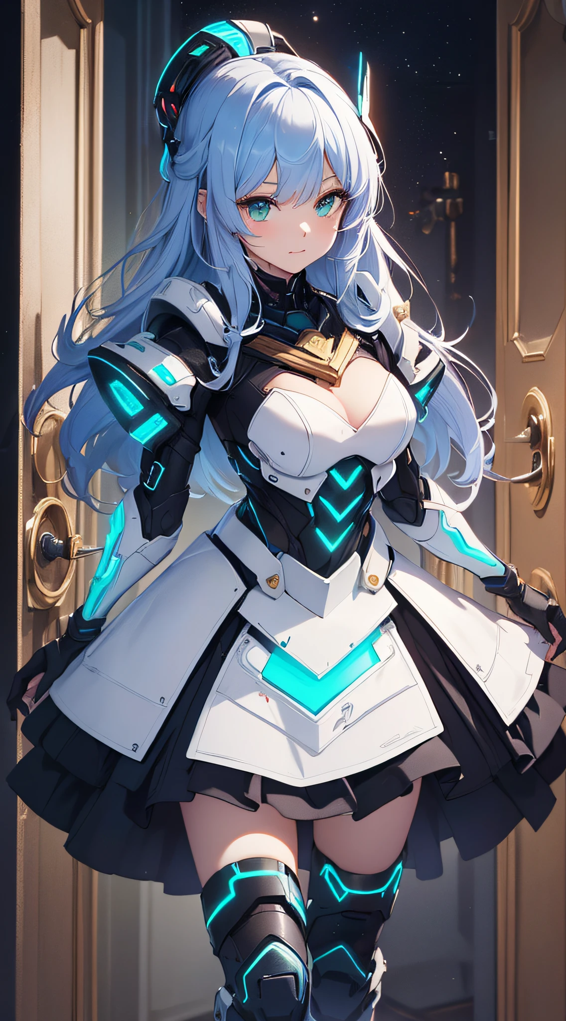top-quality、Top image quality、​masterpiece、Android Girl((sixteen years old,Full body glowing machine、Cybersuit glowing black, red and white、Blue energy source for the chest,Best Bust、Bust 90、Light blue shiny hair、Longhaire,Cyber Skirt、Blue-green eyes、open chest wide、Valley、Happiness、A slender、arms held back、Walk towards the door)）hiquality、Beautiful Art、Background with((The Door of Mystery、kosmos))、masutepiece、Elaborate design、visualart、Theatrical films