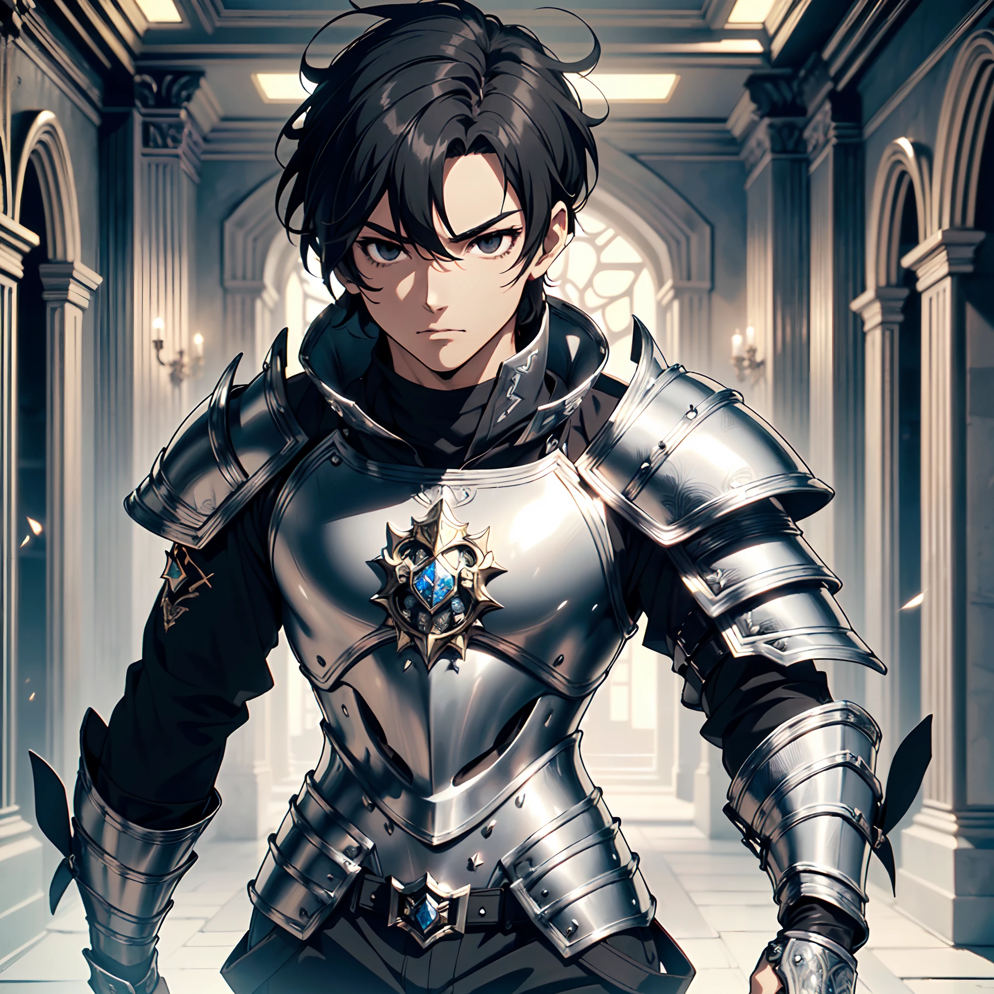 Anime character in armor standing in a hallway with a sword - SeaArt AI
