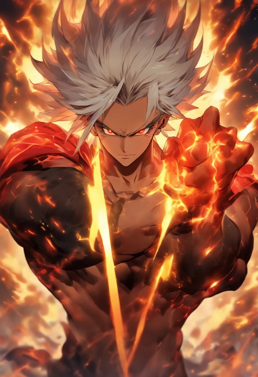 a male anime character with white hair and red eyes, character album cover, full art, fantasy character, full art illustration, full portrait of elementalist, character profile art, official character art, official character illustration, merlin, high detailed official artwork, game key art, mobile game art, fangs, smug face, white hair, no shirt, strong body, full body, walking pose, shirtless.
