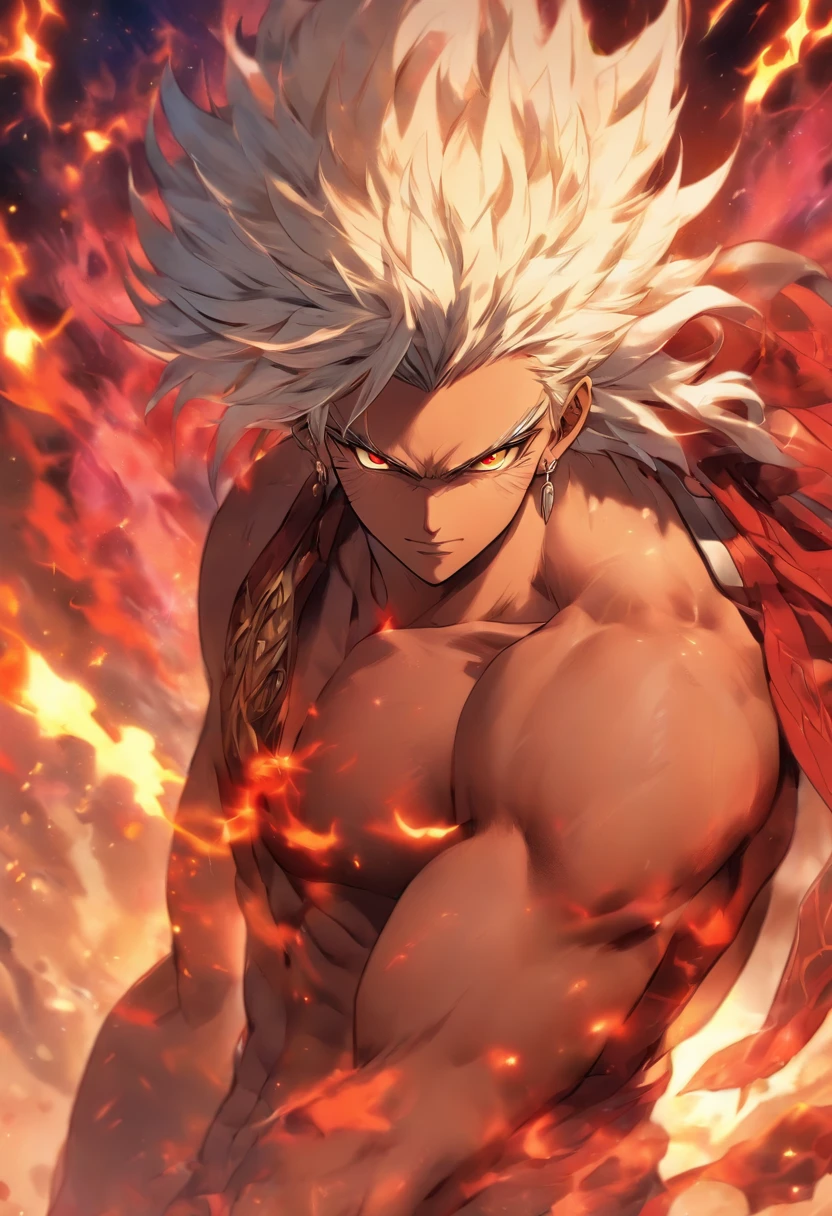 a male anime character with white hair and red eyes, character album cover, full art, fantasy character, full art illustration, full portrait of elementalist, character profile art, official character art, official character illustration, merlin, high detailed official artwork, game key art, mobile game art, fangs, smug face, white hair, no shirt, strong body, full body, walking pose, shirtless.
