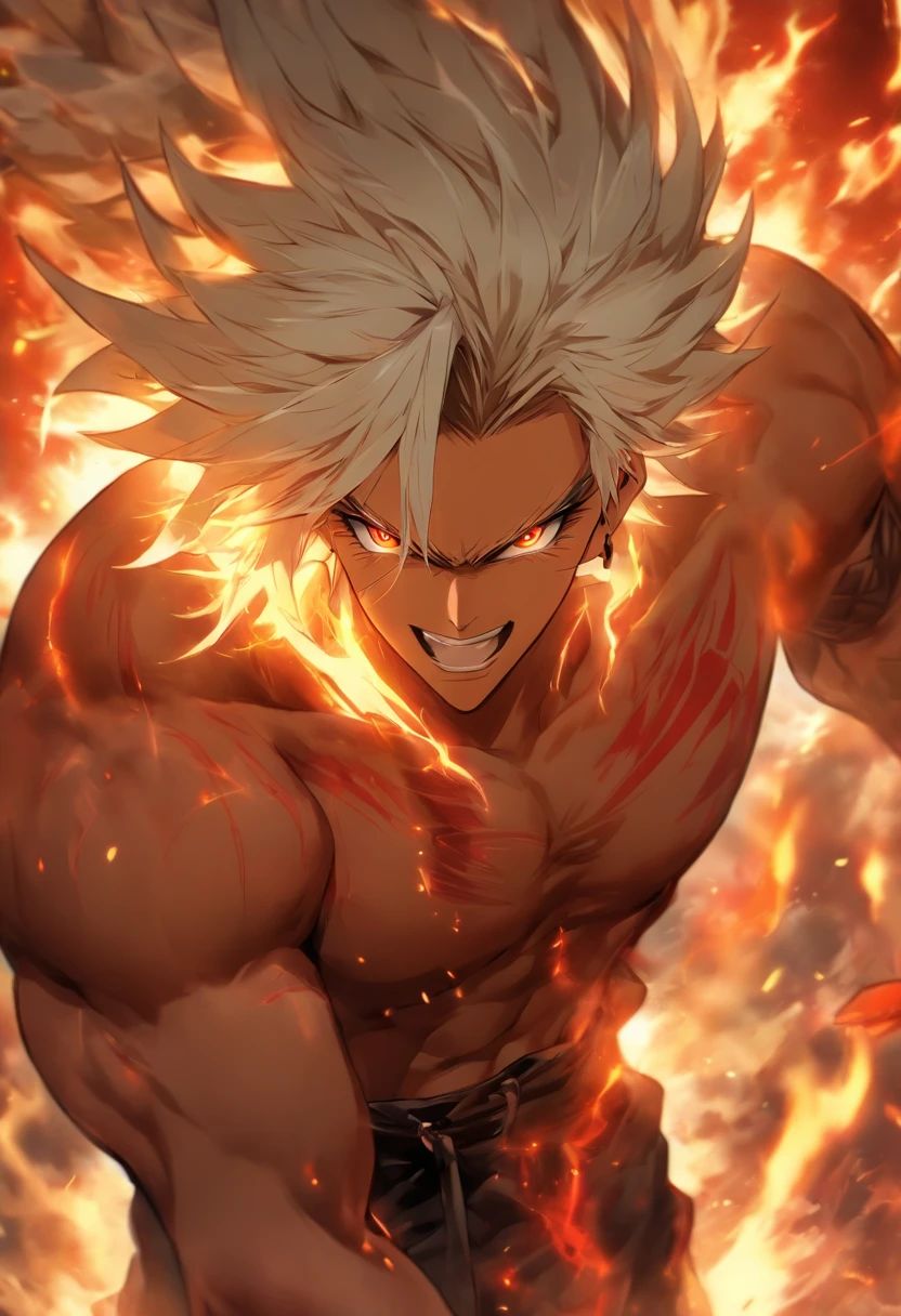 a male anime character with white hair and red eyes, character album cover, full art, fantasy character, full art illustration, full portrait of elementalist, character profile art, official character art, official character illustration, merlin, high detailed official artwork, game key art, mobile game art, fangs, smug face, white hair, no shirt, strong body, full body, walking pose, shirtless.