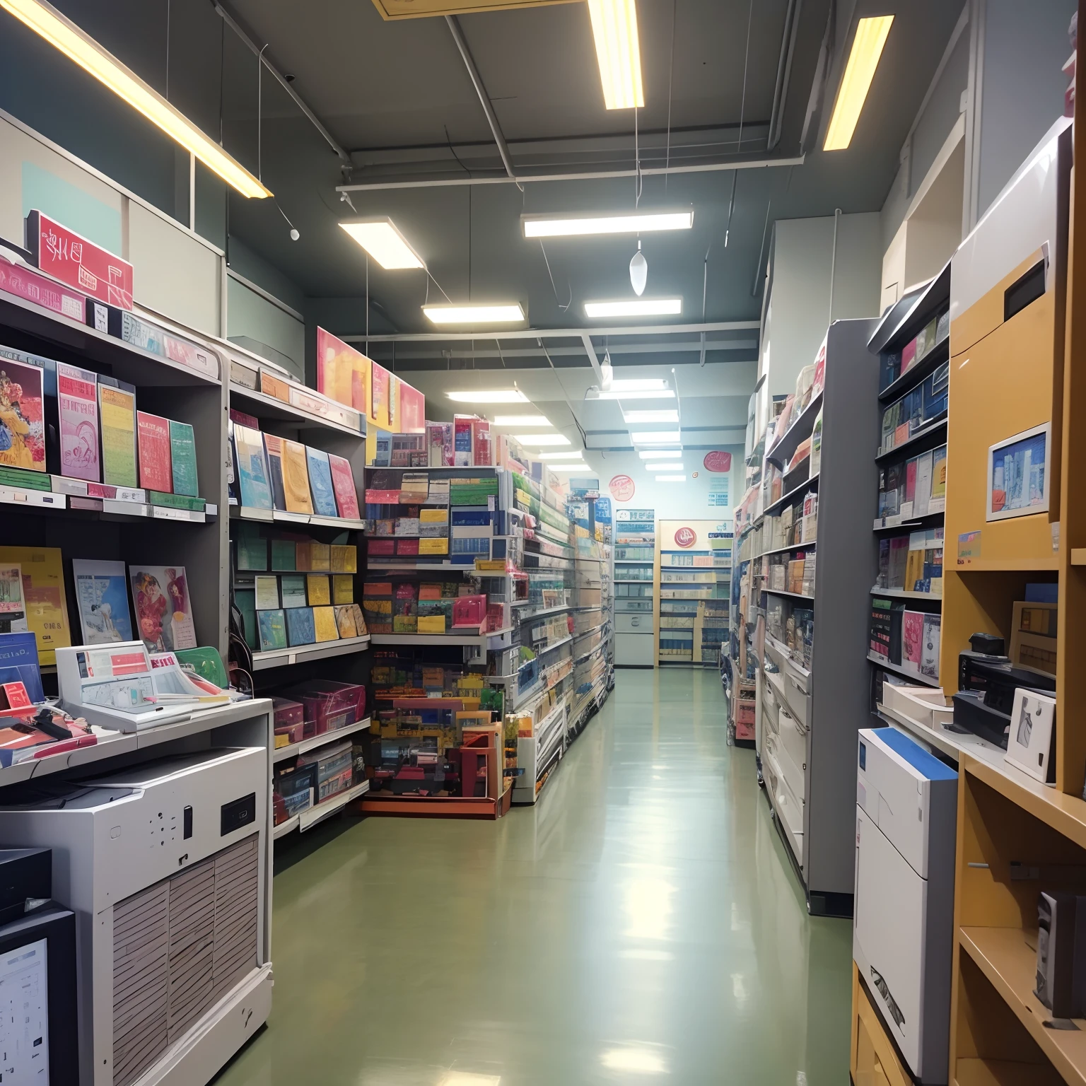 Electronics store, paleta de cor no estilo anime anos 90, retro, loja de computadores e celulares, scenecy, Setting for anime, sem humanos, arte bonita
