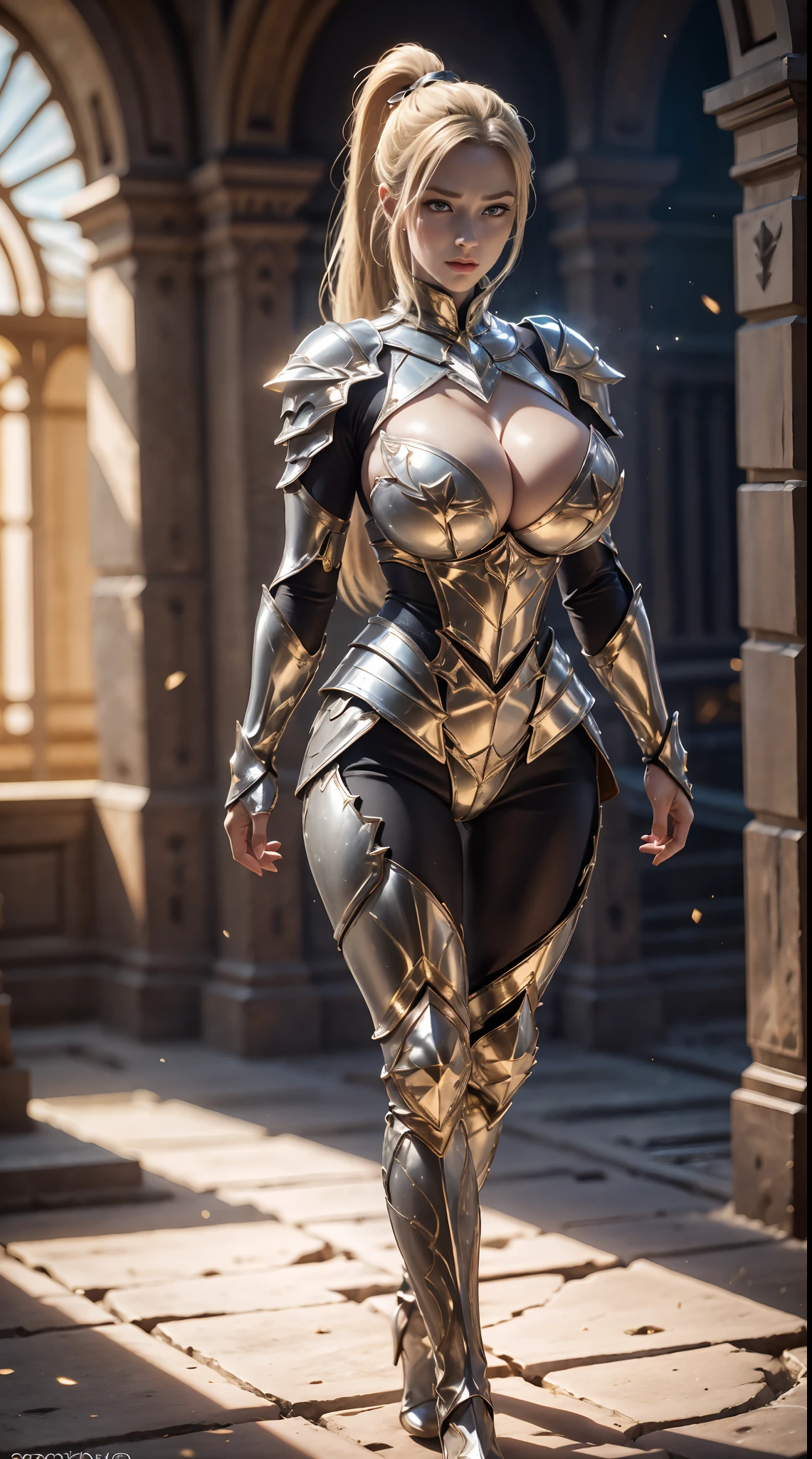 A MATURE WOMAN, BLONDE PONYTAIL, HUGE FAKE BOOBS, (BEAUTIFUL FACE), KNIGHT ARMOR BODY, GLOVE, BREASTSPLATE, (CLEAVAGE), (SKINTIGHT YOGA PANTS), (KNIGHT BOOTS), (PERFECT BODY:1.2), (FULL BODY VIEW), FRONT, (WALKING DOWN:1), SEXY BODY, MUSCLE ABS, UHD, 8K, 1080P.
